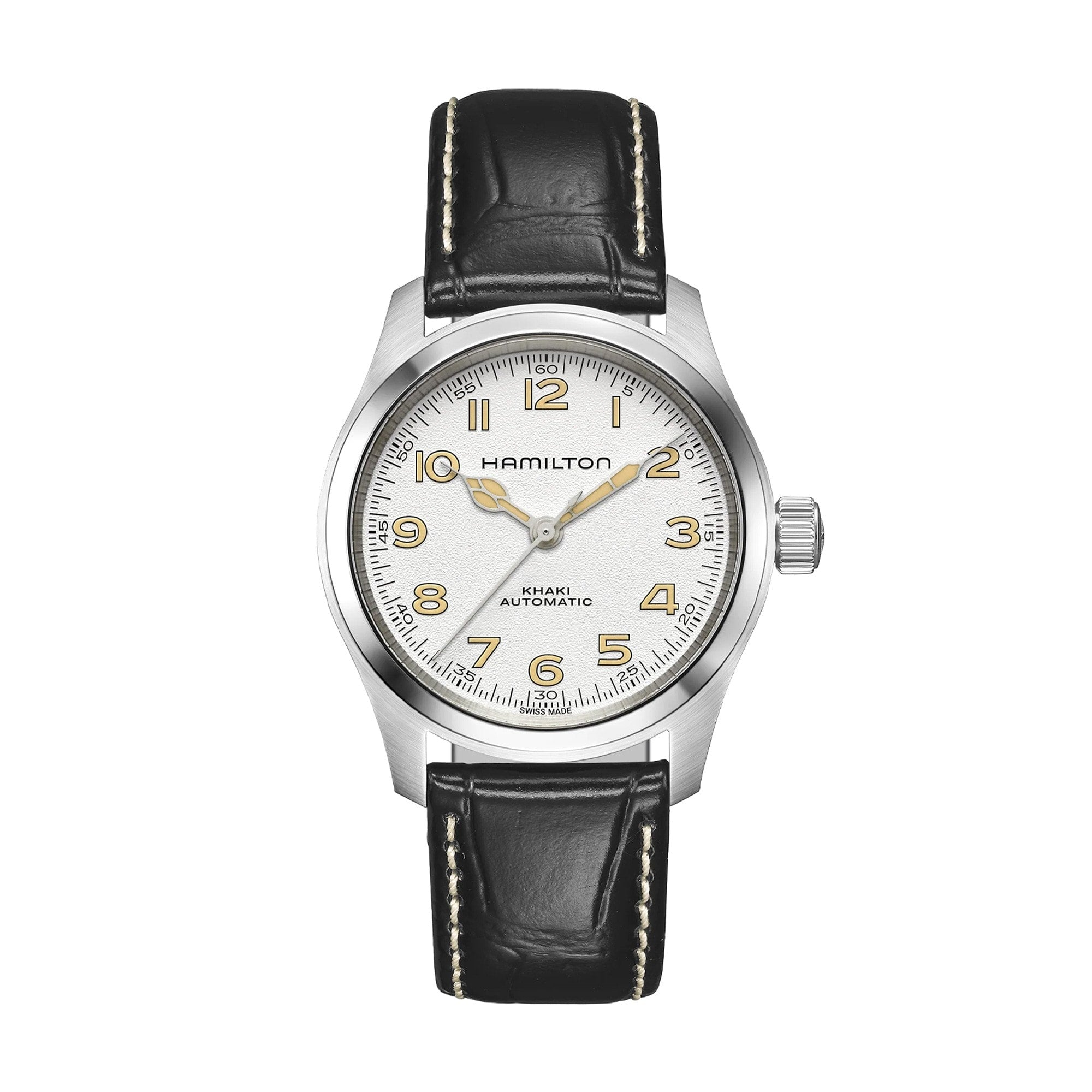 The Hamilton Khaki Field Murph 38mm features a white dial, tan numerals, silver-tone case, and black leather strap with white stitching—an attractive vintage-style timepiece perfect for Hamilton fans.