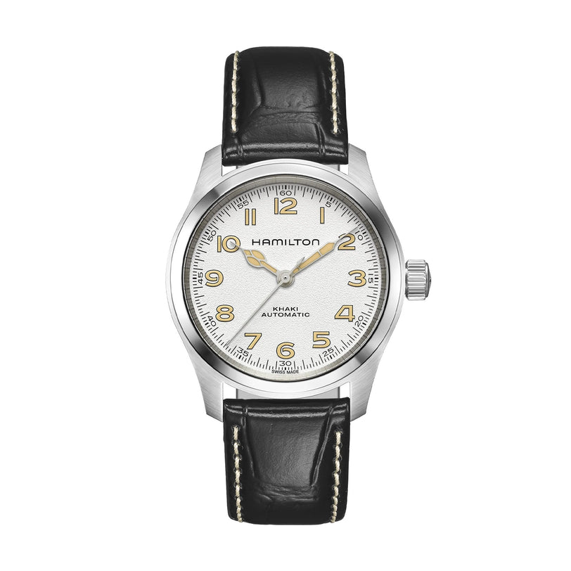 The Hamilton Khaki Field Murph 38mm features a white dial, tan numerals, silver-tone case, and black leather strap with white stitching—an attractive vintage-style timepiece perfect for Hamilton fans.
