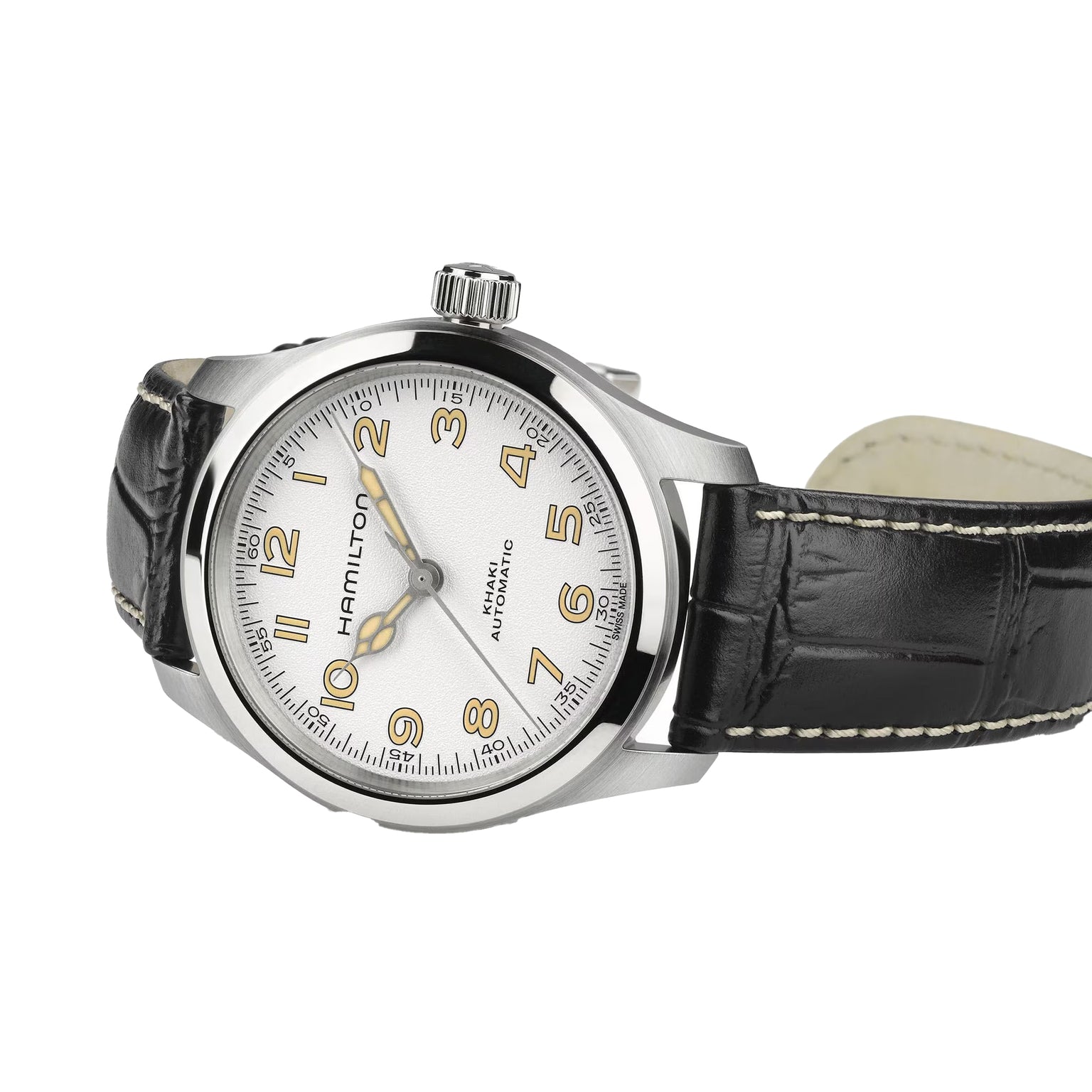The Hamilton Khaki Field Murph 38mm features a white dial, black leather strap, silver case, and beige numerals—shown at an angle on a white background. A must-have vintage-style wristwatch for Hamilton fans.