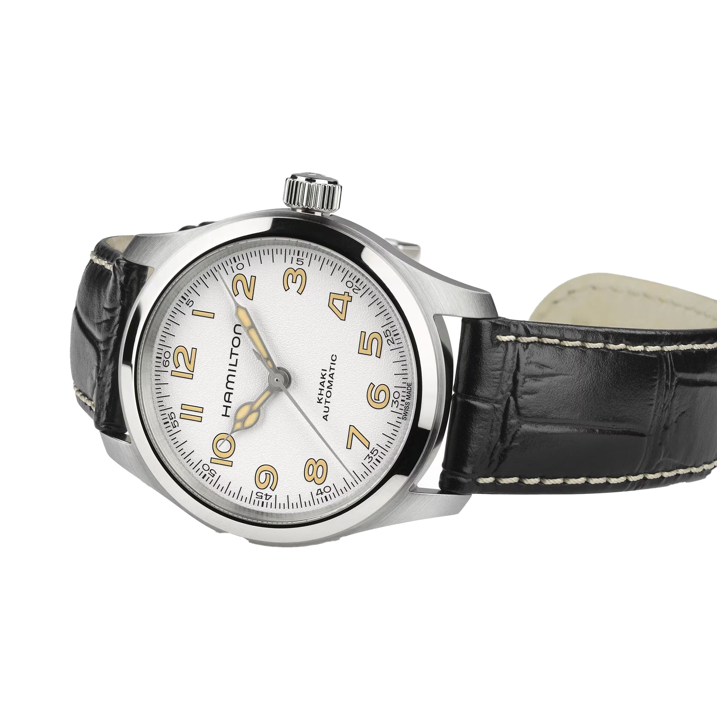 The Hamilton Khaki Field Murph 38mm features a white dial, black leather strap, silver case, and beige numerals—shown at an angle on a white background. A must-have vintage-style wristwatch for Hamilton fans.