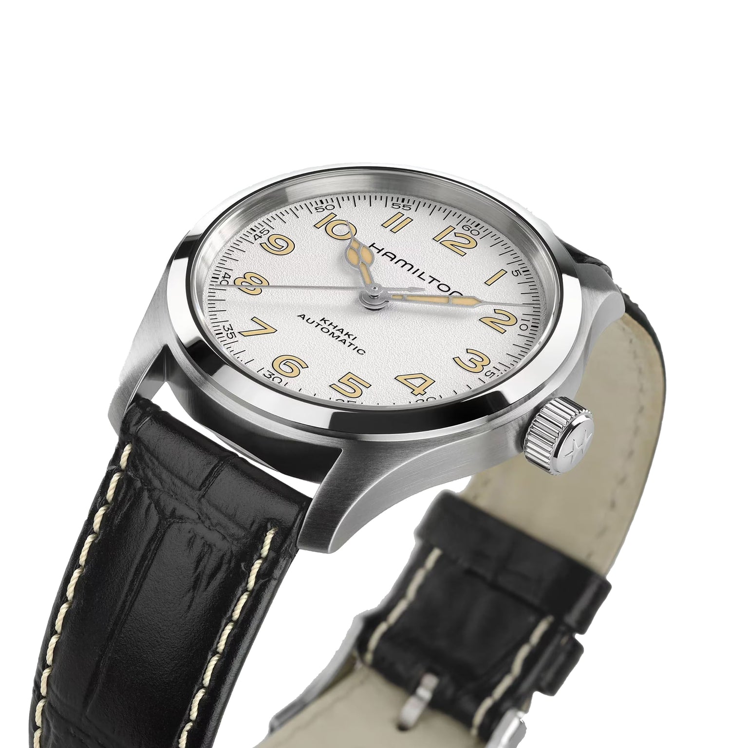 The Hamilton Khaki Field Murph 38mm showcases a silver dial, gold Arabic numerals, and a black leather strap with white stitching—ideal for those who admire classic vintage-inspired design.