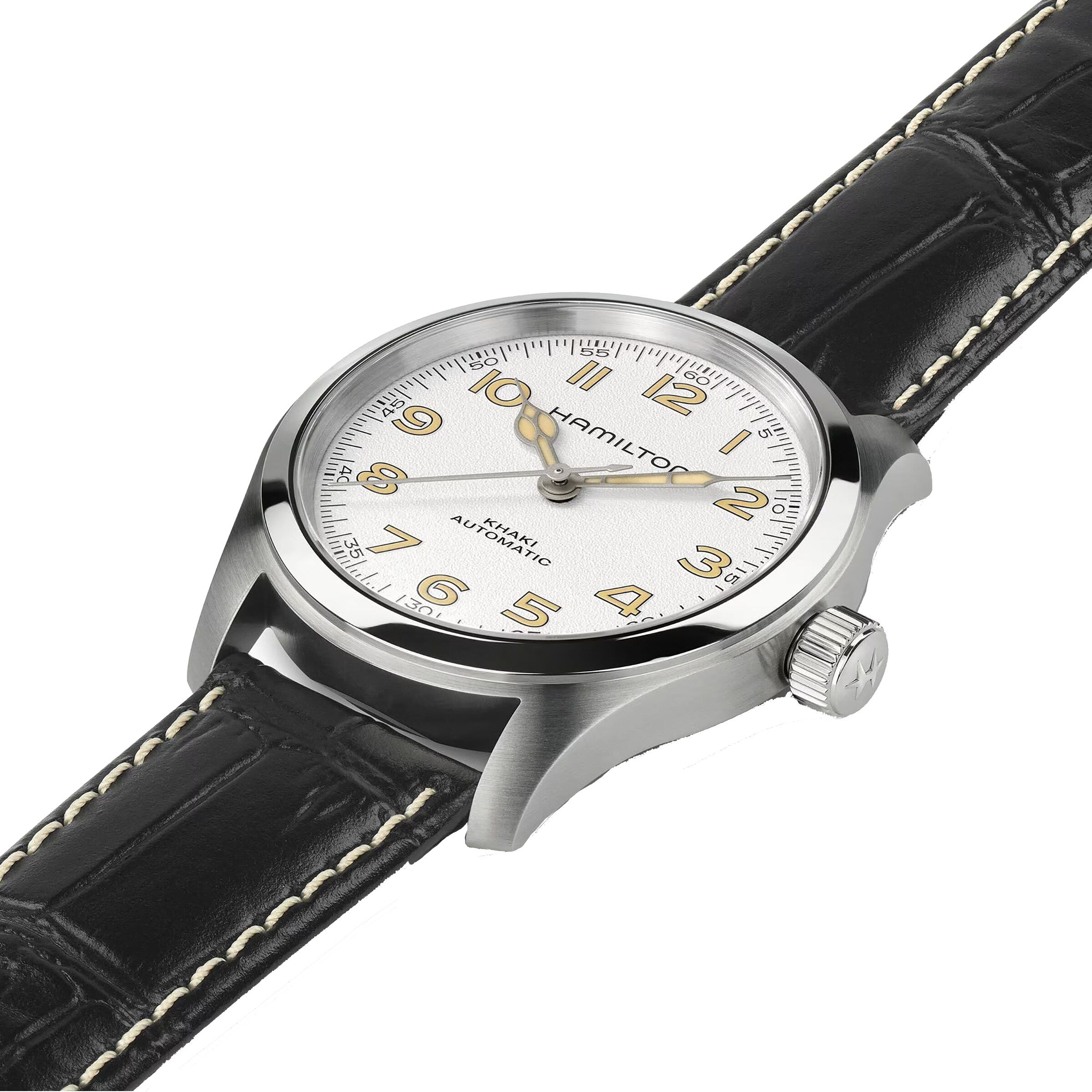 The Hamilton Khaki Field Murph 38mm wristwatch features a white dial, gold Arabic numerals, and a black leather strap with white stitching—an ideal vintage-inspired choice for Hamilton enthusiasts.