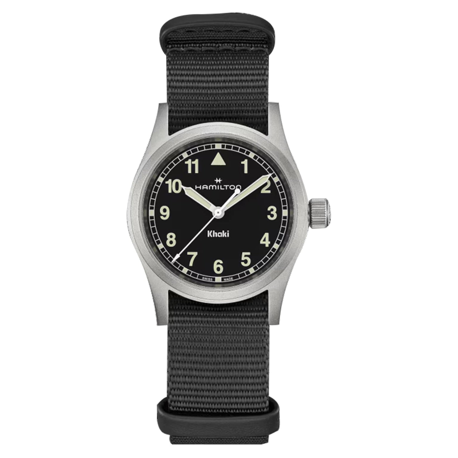 The Hamilton Khaki Field Quartz 33mm features a black dial with white numerals and a gray NATO strap, highlighting its military-inspired heritage against a clean white background.