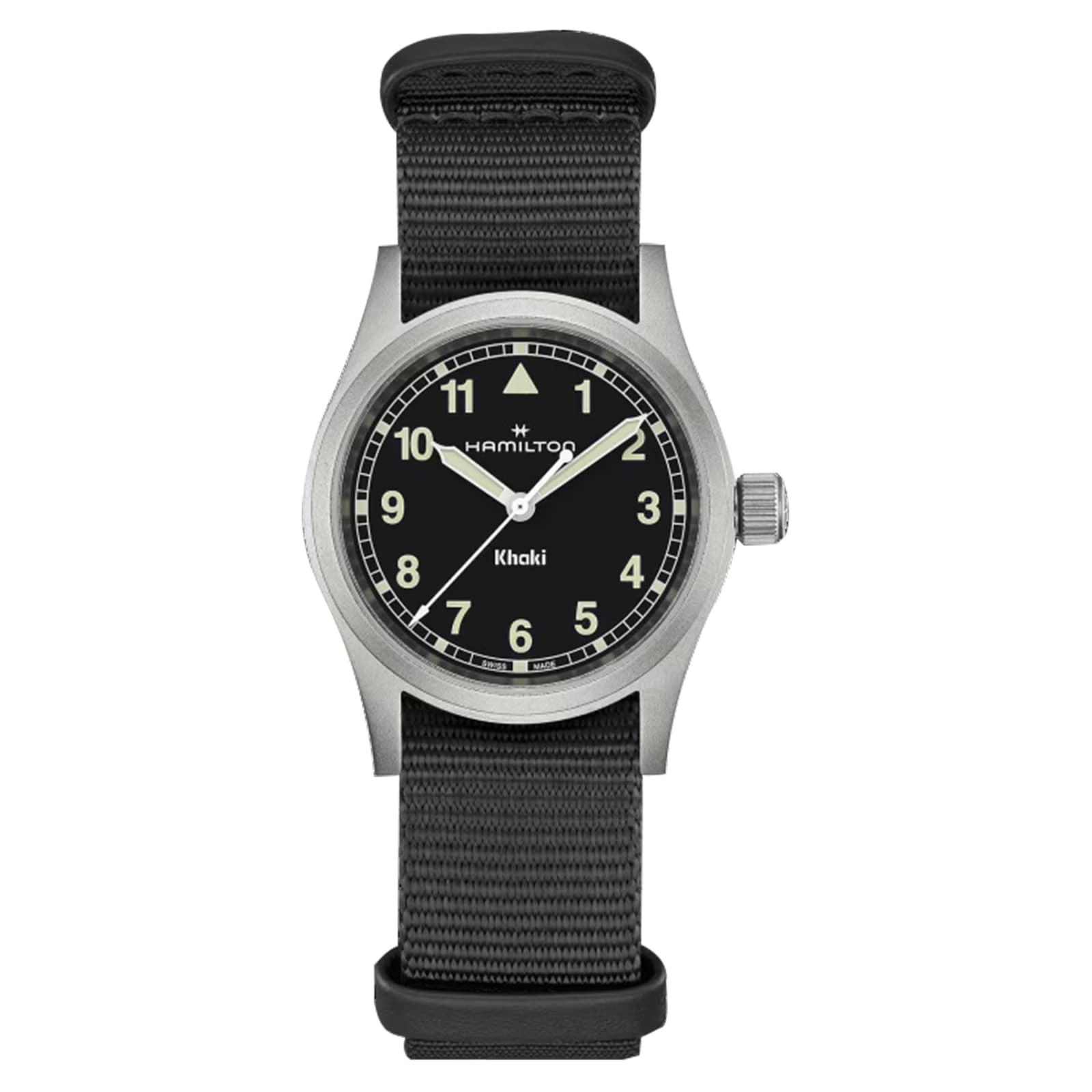 The Hamilton Khaki Field Quartz 33mm features a black dial with white numerals and a gray NATO strap, highlighting its military-inspired heritage against a clean white background.