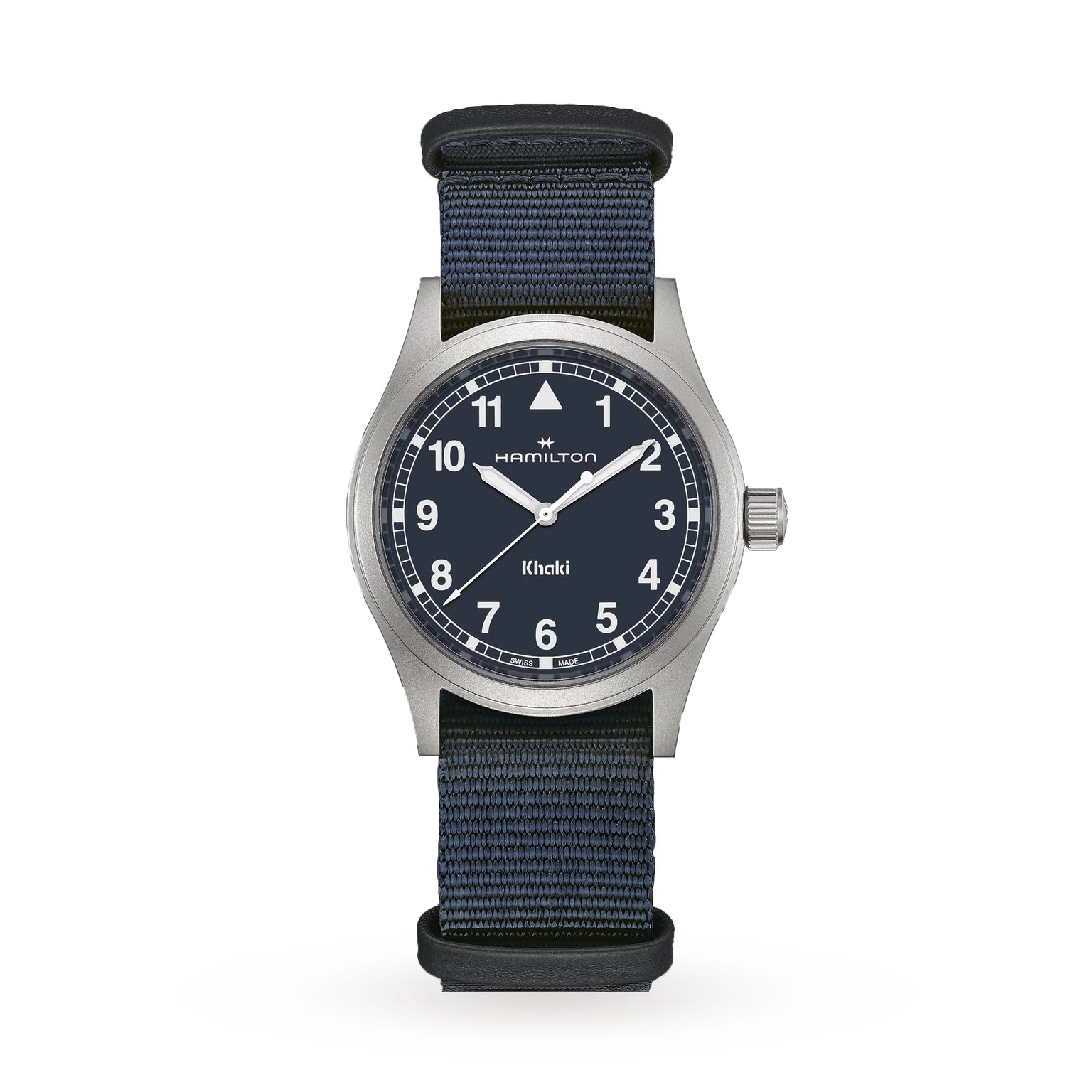 The Hamilton Khaki Field Quartz 38mm watch features a black dial with white numerals and a blue NATO strap, displayed on a white background to highlight its classic military heritage style.