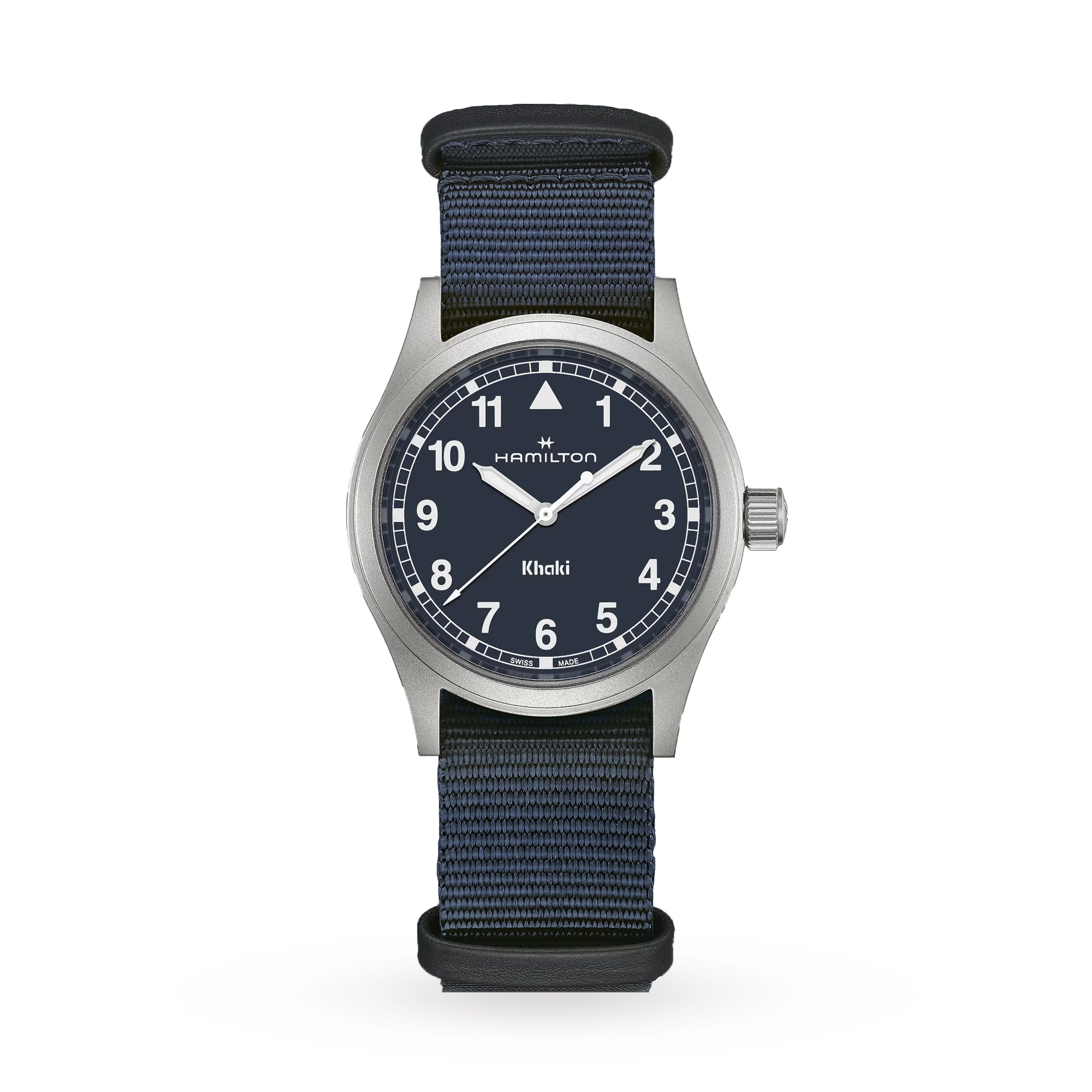 The Hamilton Khaki Field Quartz 38mm watch features a black dial with white numerals and a blue NATO strap, displayed on a white background to highlight its classic military heritage style.