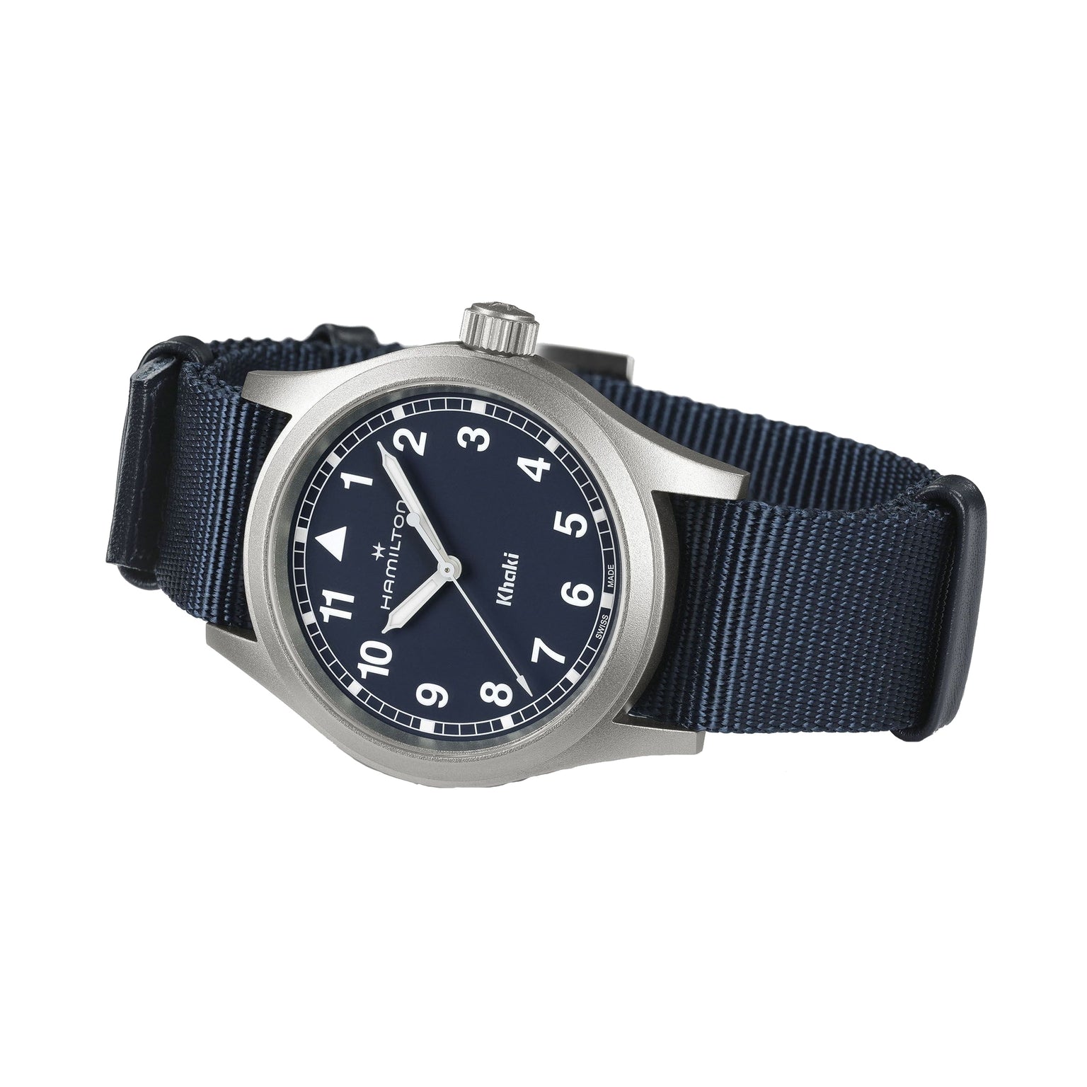The Hamilton Khaki Field Quartz 38mm features a dark blue dial with white numerals, a silver case, and a navy blue NATO strap, displaying 10:09—reflecting its classic military heritage.