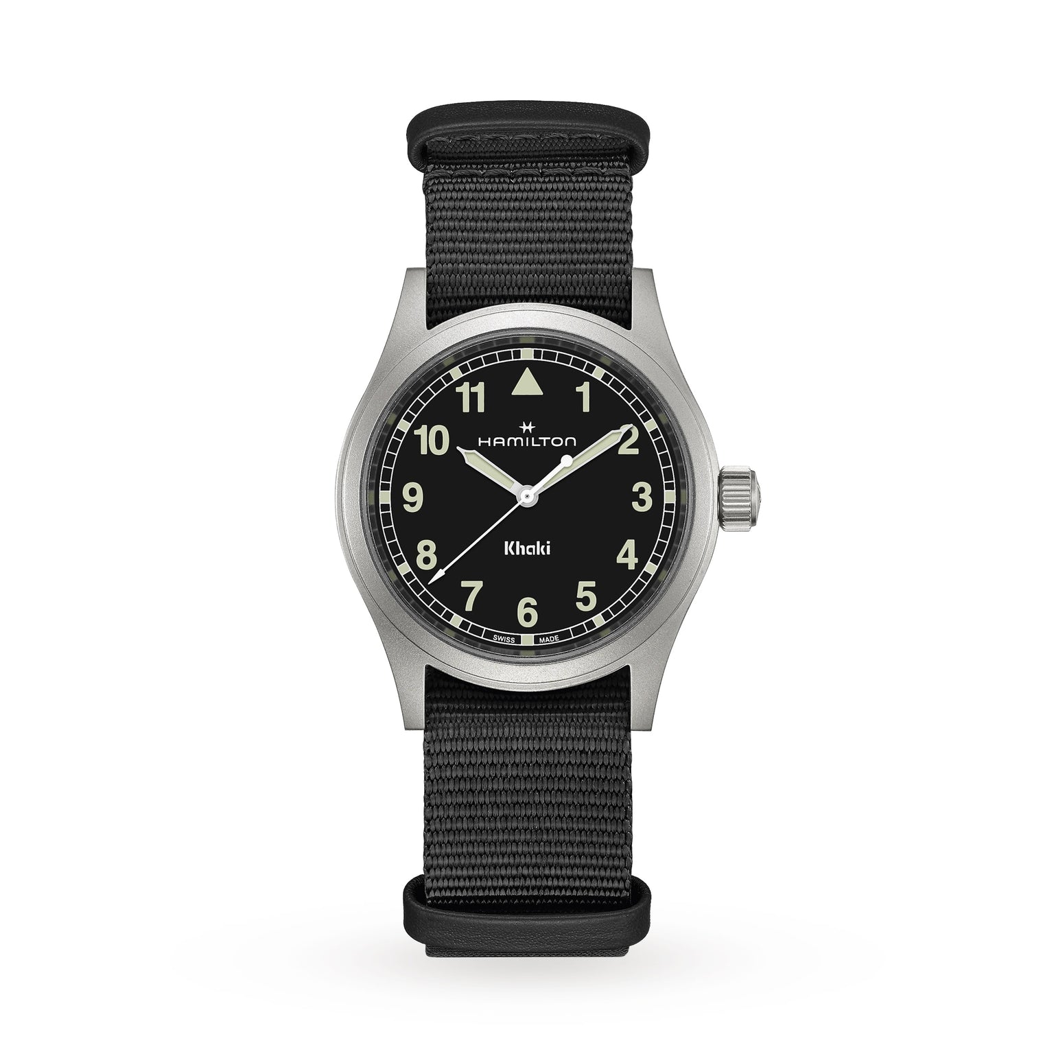 The Hamilton Khaki Field Quartz features a black dial with white numerals and a black fabric strap.
