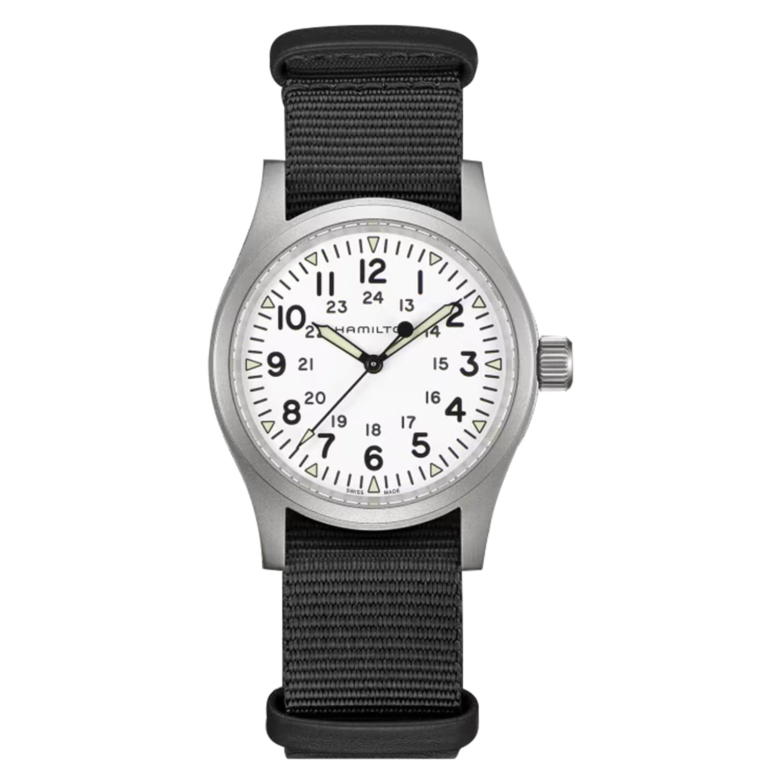The Hamilton Khaki Field Mechanical is a silver wristwatch with a white dial, black numerals and hands, and a black NATO strap, evoking military heritage and shown on a white background.
