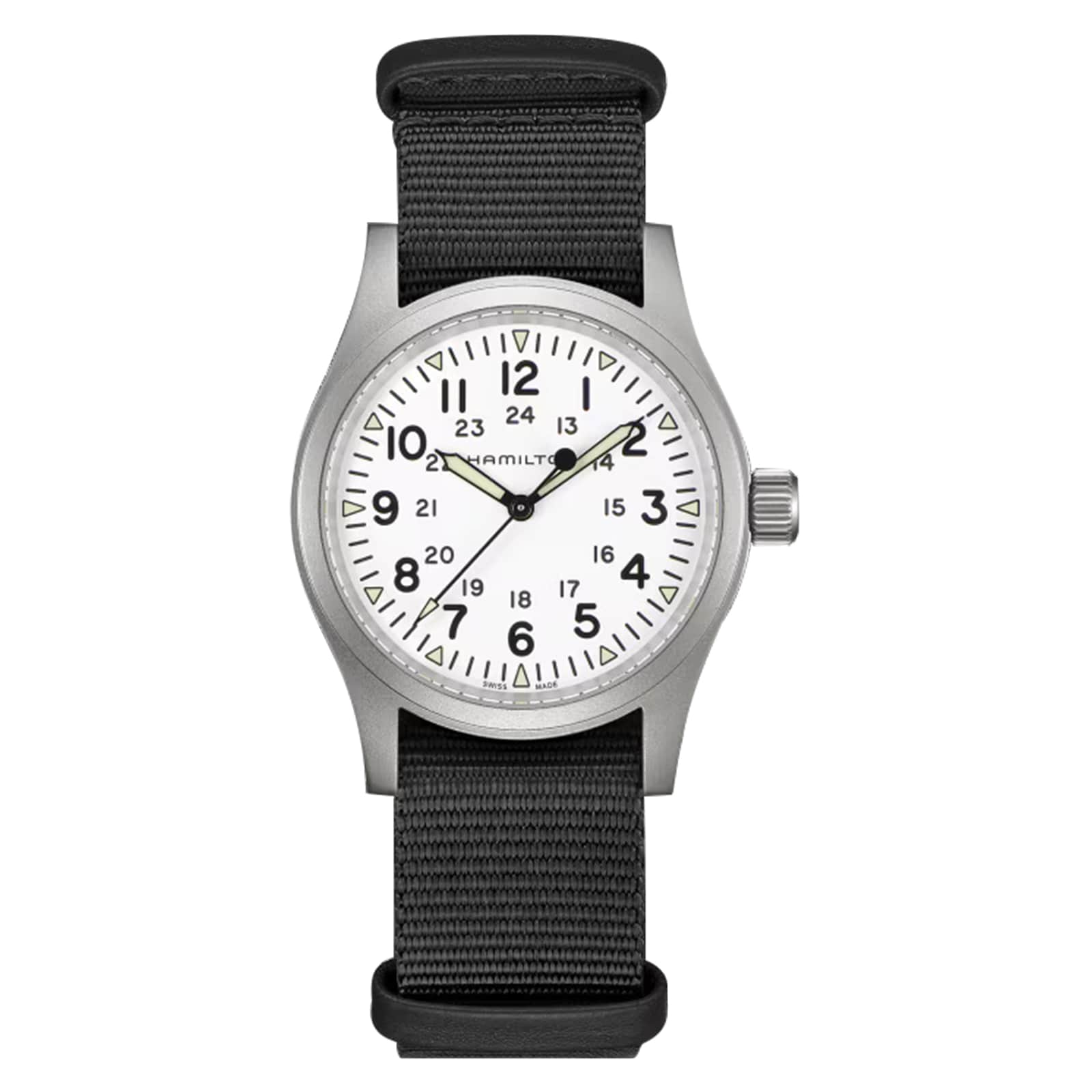 The Hamilton Khaki Field Mechanical is a silver wristwatch with a white dial, black numerals and hands, and a black NATO strap, evoking military heritage and shown on a white background.