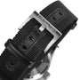 Close-up of the black Hamilton Khaki Field Mechanical watch strap and metal buckle, featuring the engraved Hamilton name and emphasizing its military-inspired design.