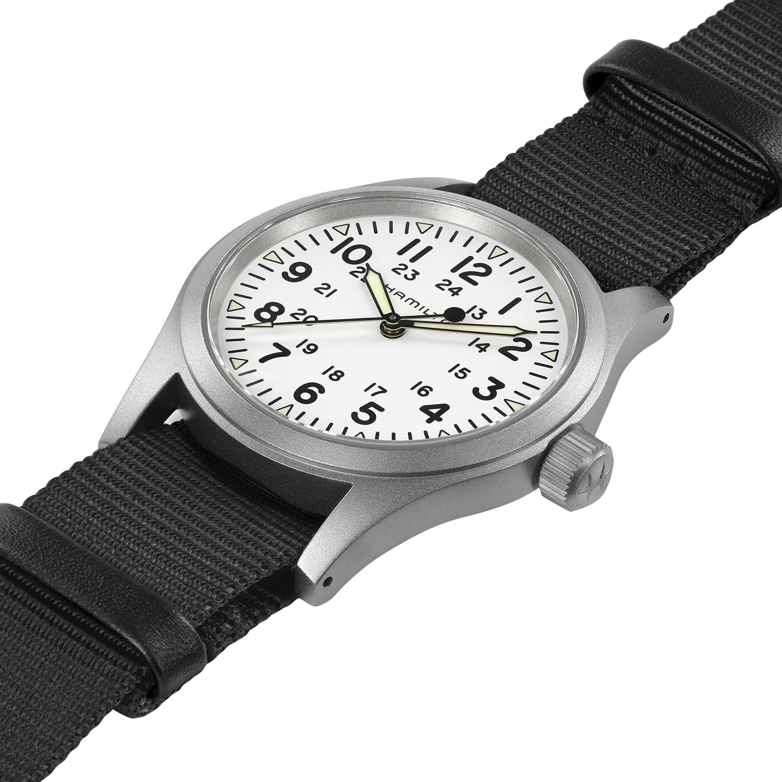 A Hamilton Khaki Field Mechanical silver wristwatch with a white dial, black numerals, and a black NATO strap, displayed at an angle on a white background.