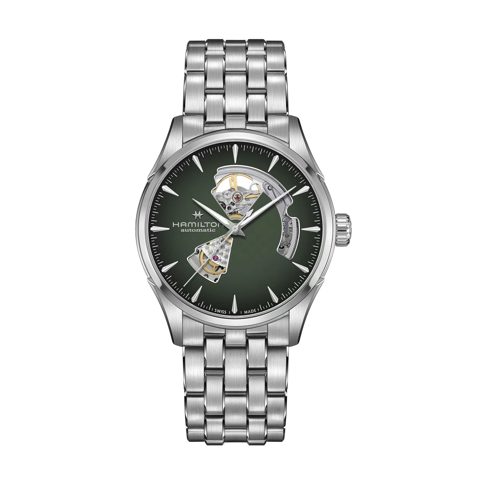The Hamilton Jazzmaster Open Heart Auto 42mm is a silver wristwatch with a green dial, exposed movement, and metal link bracelet.