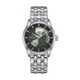 The Hamilton Jazzmaster Open Heart Auto 42mm is a silver wristwatch with a green dial, exposed movement, and metal link bracelet.