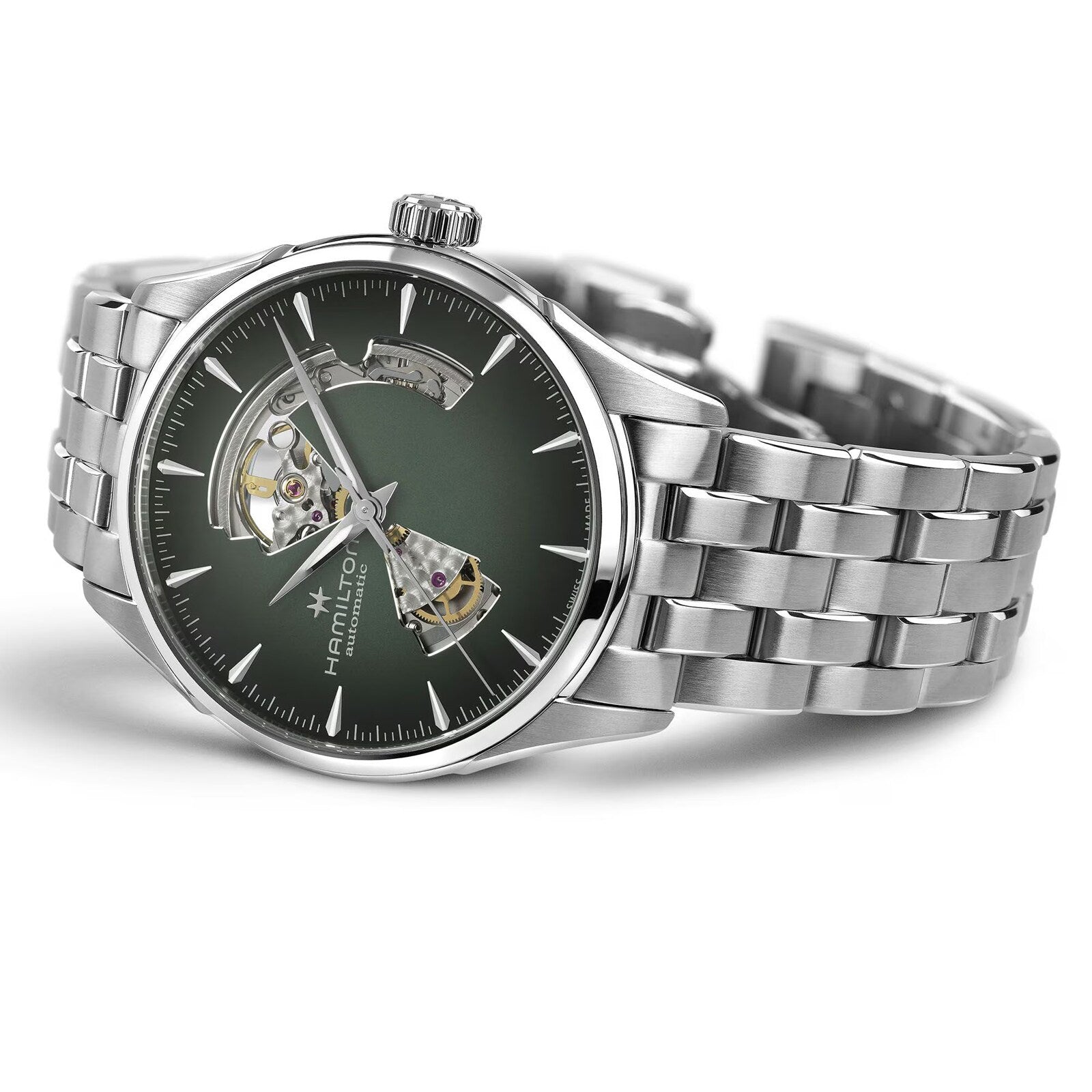 The Hamilton Jazzmaster Open Heart Auto 42mm is a stainless steel wristwatch featuring a green dial and an open-heart mechanical movement.