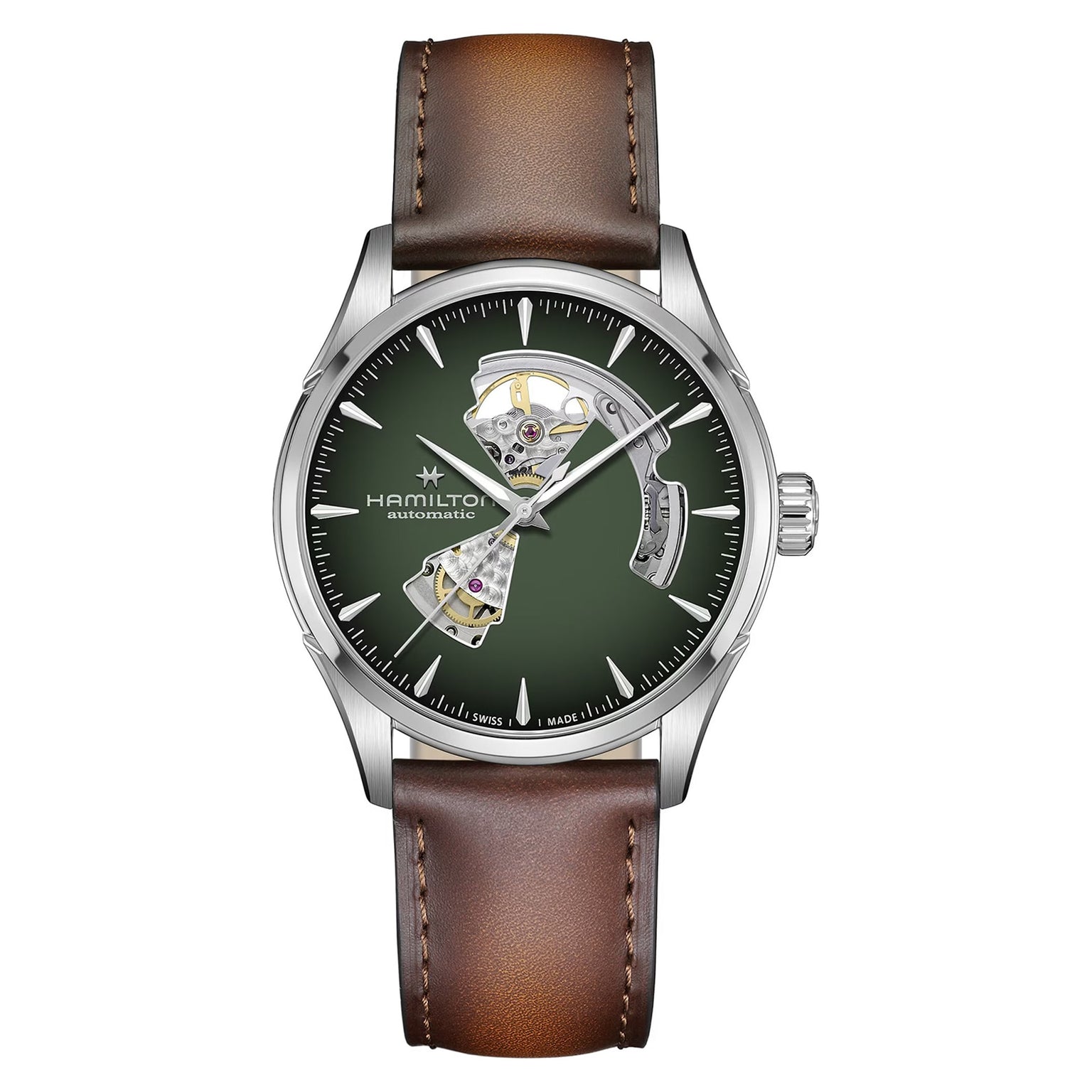 The Hamilton Jazzmaster Open Heart Auto 42mm is a silver wristwatch featuring a green open-worked dial that reveals inner mechanisms, paired with a brown leather strap.