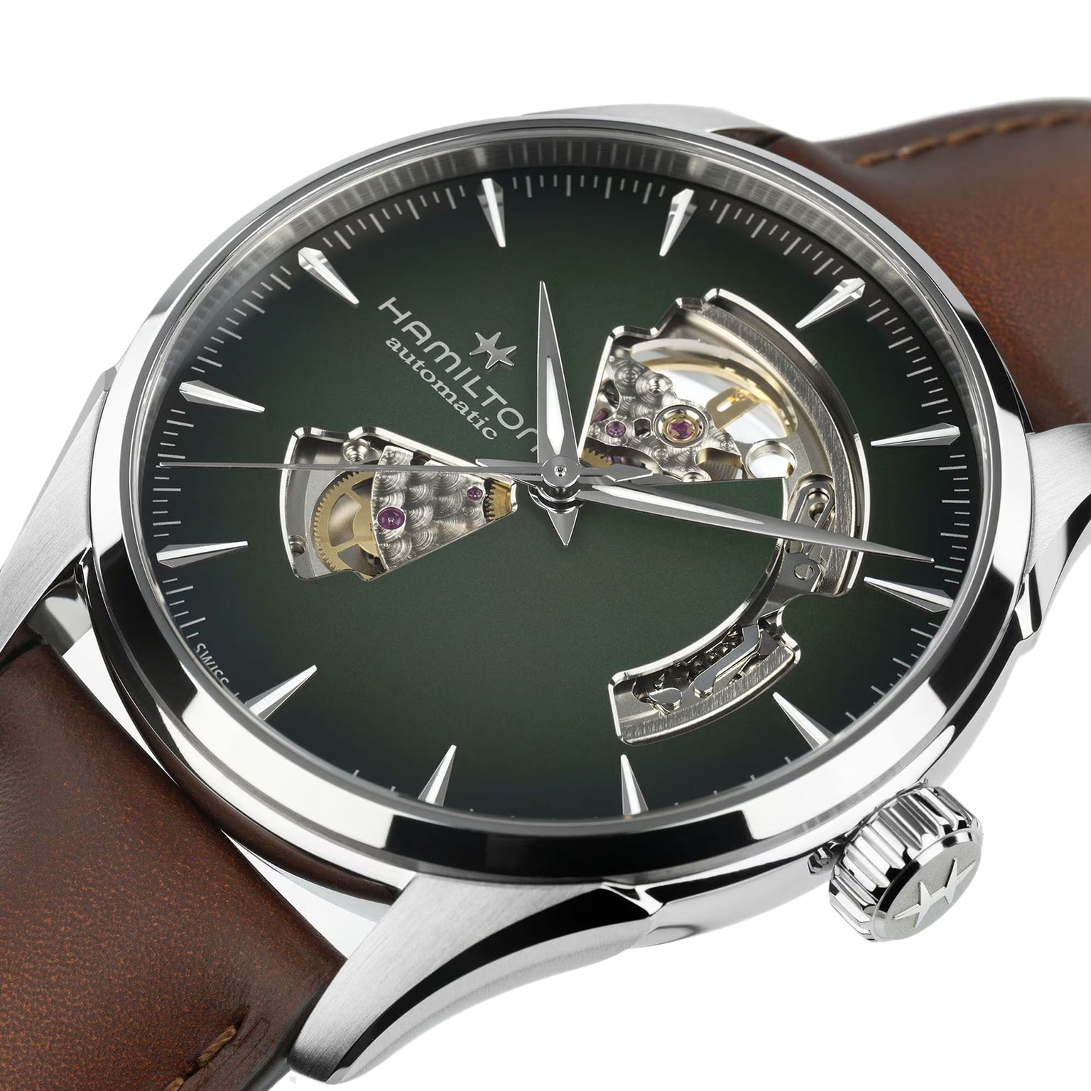 The Hamilton Jazzmaster Open Heart Auto 42mm features a green dial, brown leather strap, and visible open-heart automatic movement.