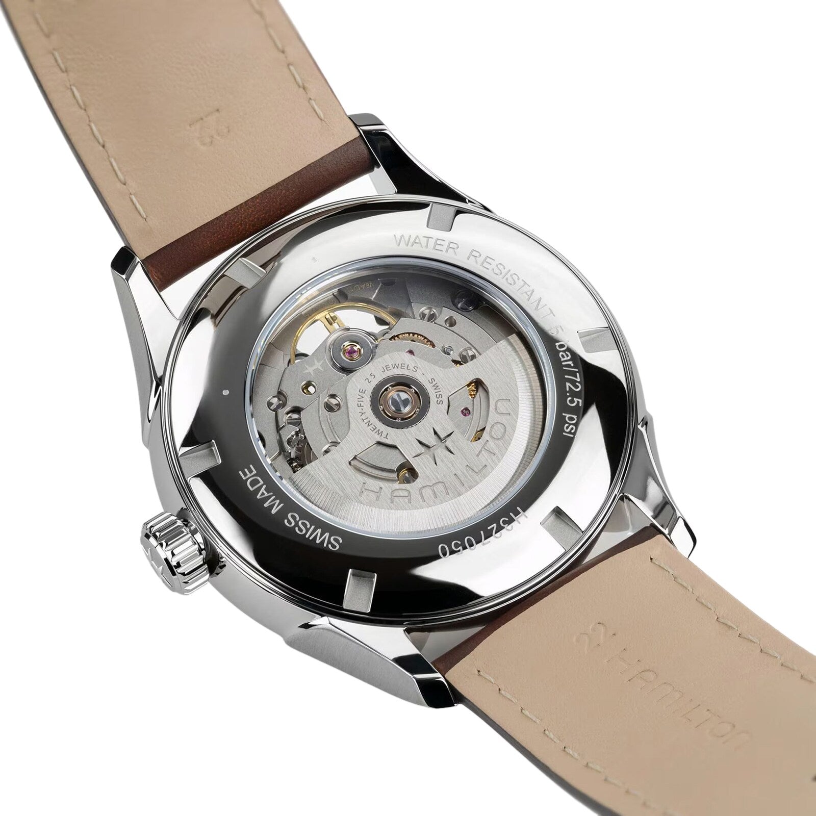 Back view of the Hamilton Jazzmaster Open Heart Auto 42mm reveals its automatic movement through a transparent caseback.