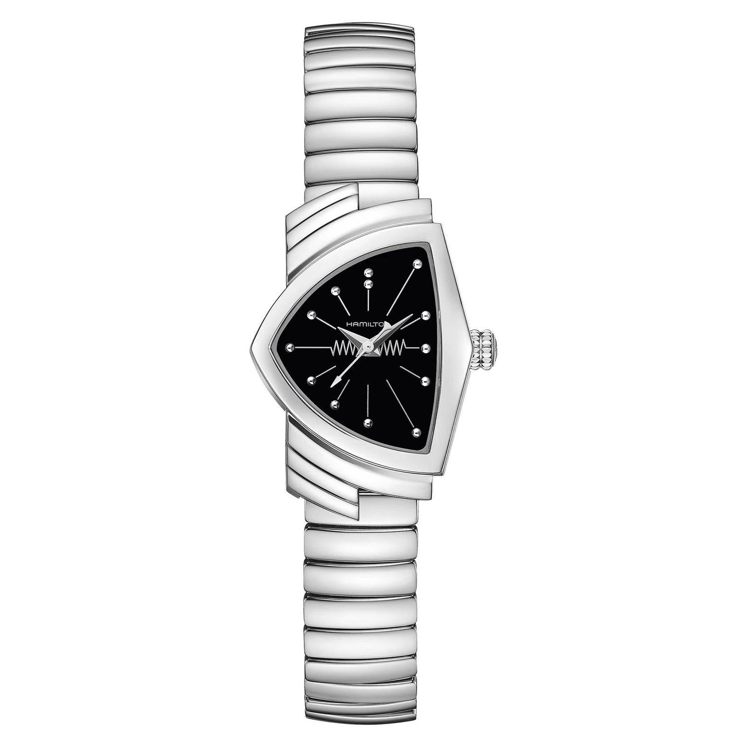 The Hamilton Ventura S Quartz is a silver wristwatch inspired by Mid-Century Modern design, featuring a unique triangular black dial with silver hour markers and a segmented, flexible bracelet for comfort and style.