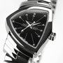 Close-up of the Hamilton Ventura S Quartz, featuring a silver case, black triangular dial, dot hour markers, and central zigzag line detail—an iconic example of Mid-Century Modern design.