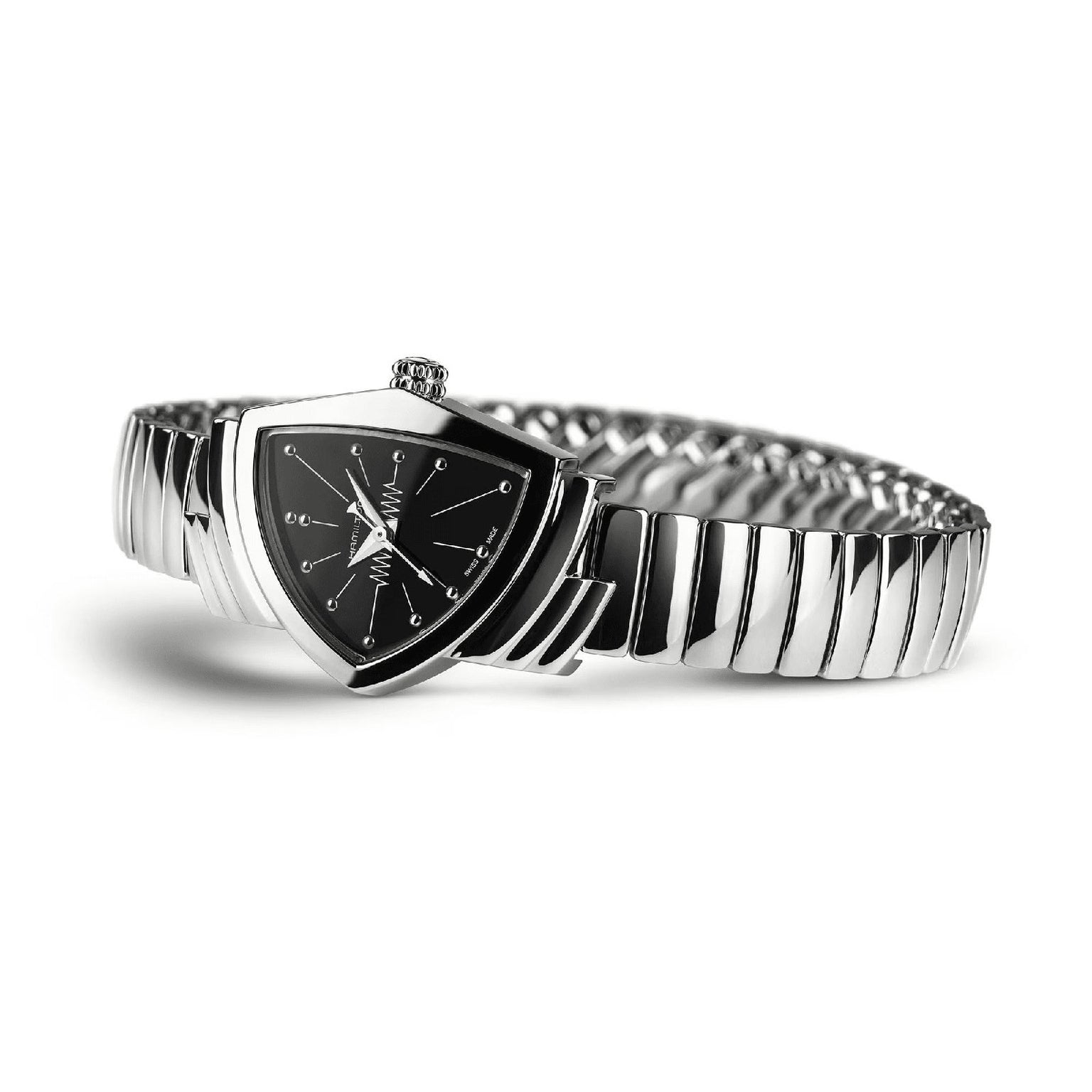 The Hamilton Ventura S Quartz wristwatch features a silver case, black triangular dial, and flexible bracelet, displayed on a white background to highlight its Mid-Century Modern elegance.