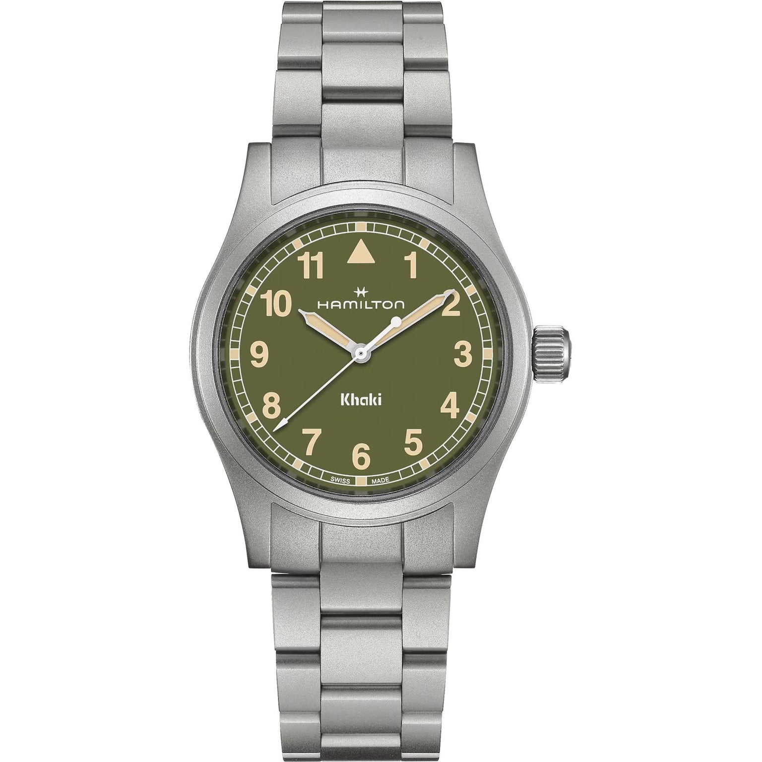 Hamilton Khaki Field Quartz 38mm wristwatch in silver with an olive green dial, metal link bracelet, and displaying the time at 10:10.