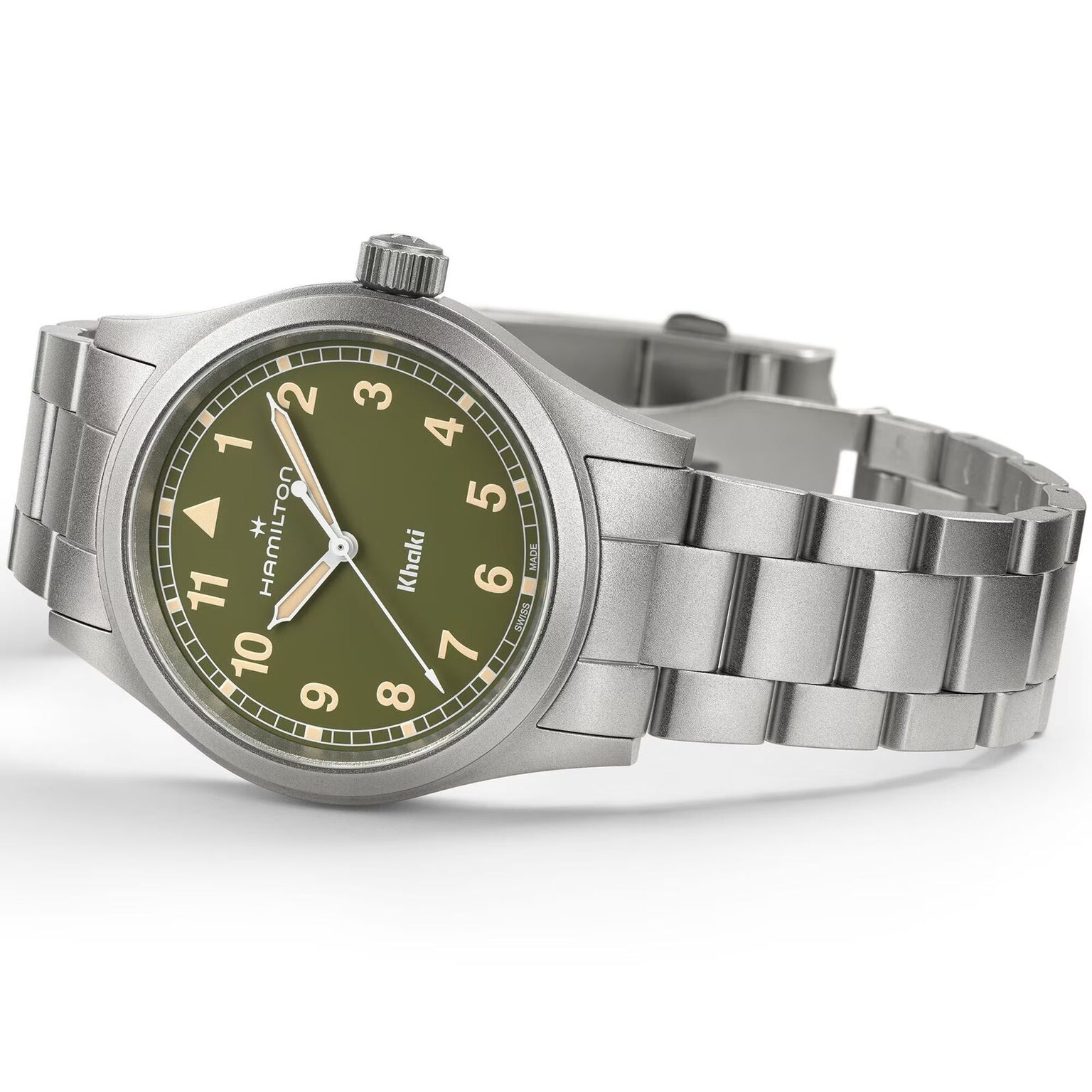 The Hamilton Khaki Field Quartz 38mm features a stainless steel case, olive green dial with Arabic numerals, and comes on a metal bracelet.