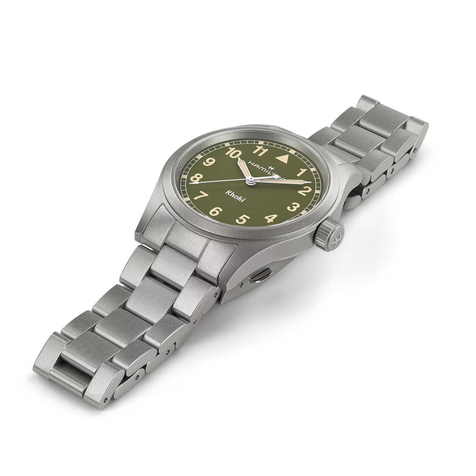 The Hamilton Khaki Field Quartz 38mm is a stainless steel wristwatch featuring an olive green dial with numeric hour markers, displayed at an angle.