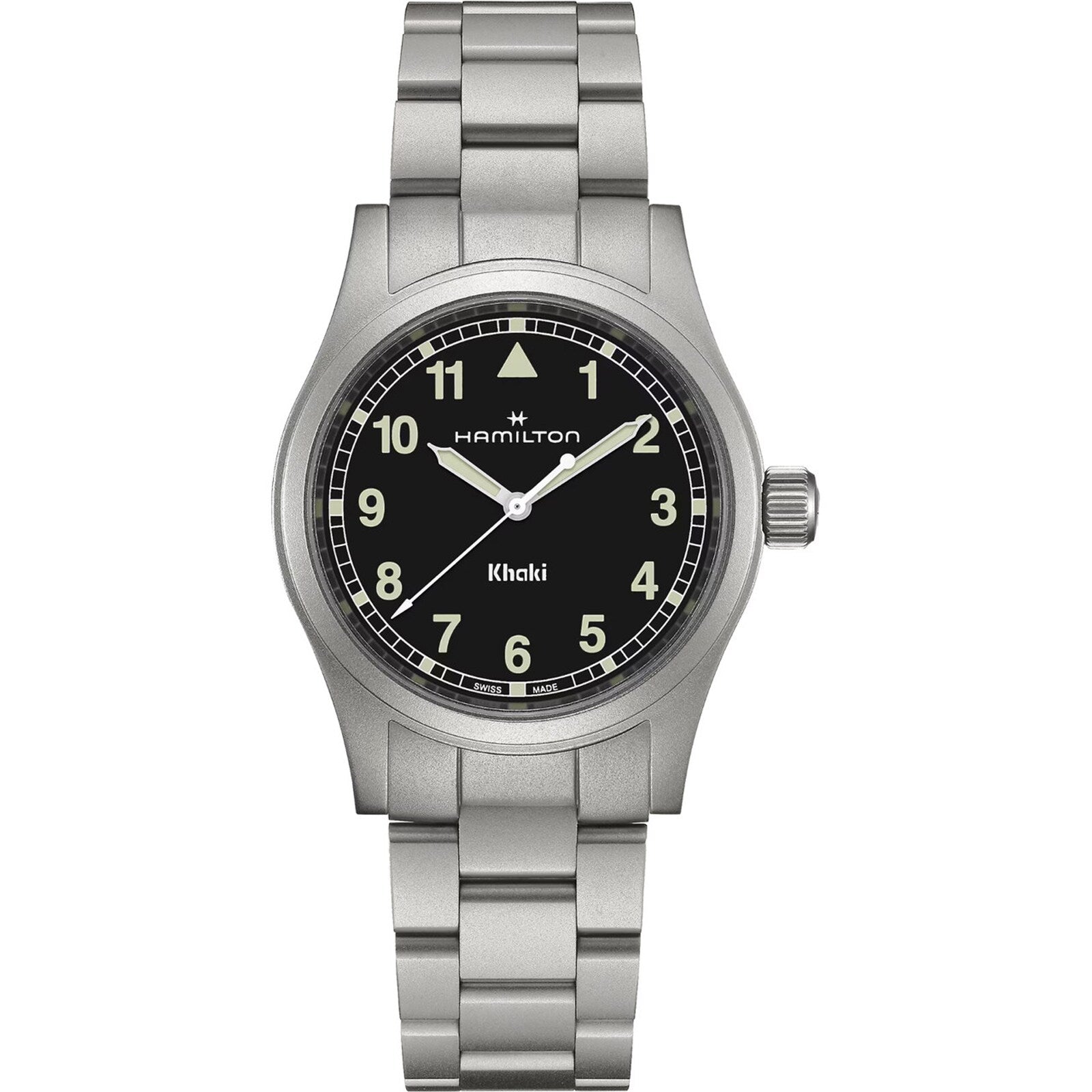 Hamilton Khaki Field Quartz 38mm wristwatch featuring a black dial with Arabic numerals and a metal link bracelet.