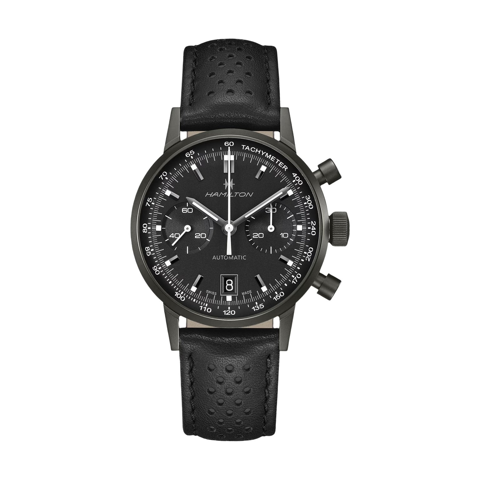 Hamilton American Classic Intra-Matic Auto Chrono chronograph watch with a tachymeter bezel, black dial, and black perforated leather strap.