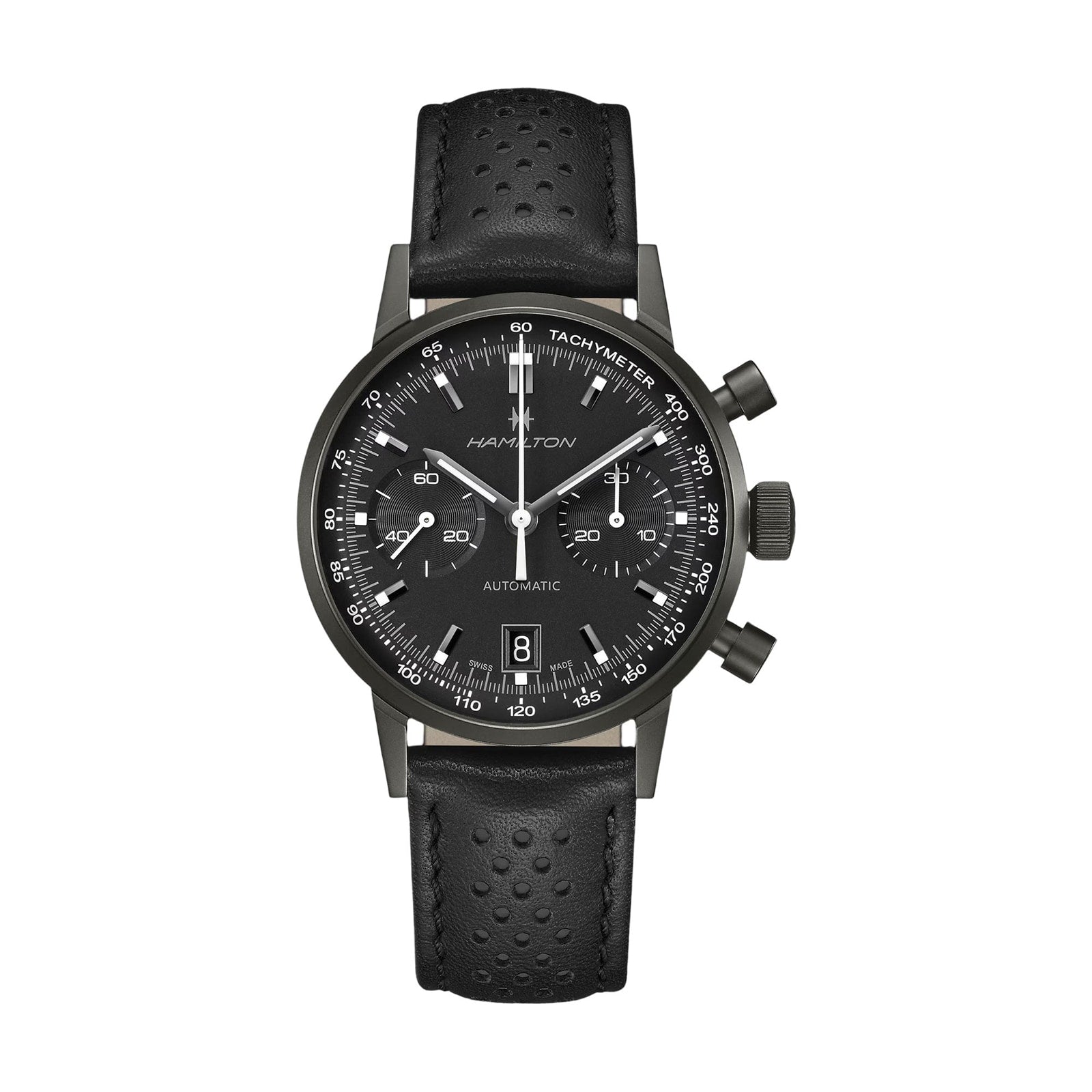 Hamilton American Classic Intra-Matic Auto Chrono chronograph watch with a tachymeter bezel, black dial, and black perforated leather strap.