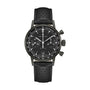 Hamilton American Classic Intra-Matic Auto Chrono chronograph watch with a tachymeter bezel, black dial, and black perforated leather strap.