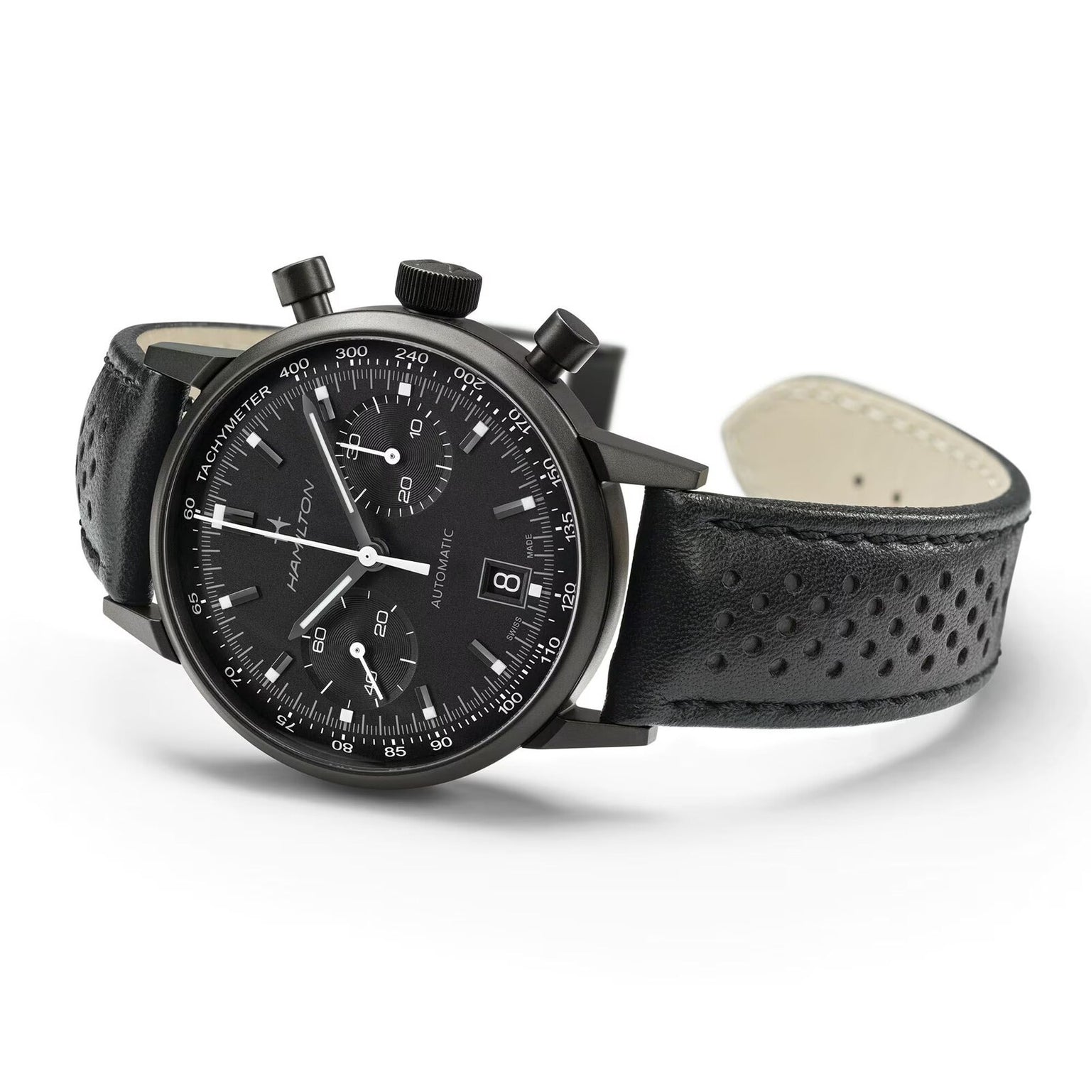 The Hamilton American Classic Intra-Matic Auto Chrono features a black dial with three subdials and a black perforated leather strap.
