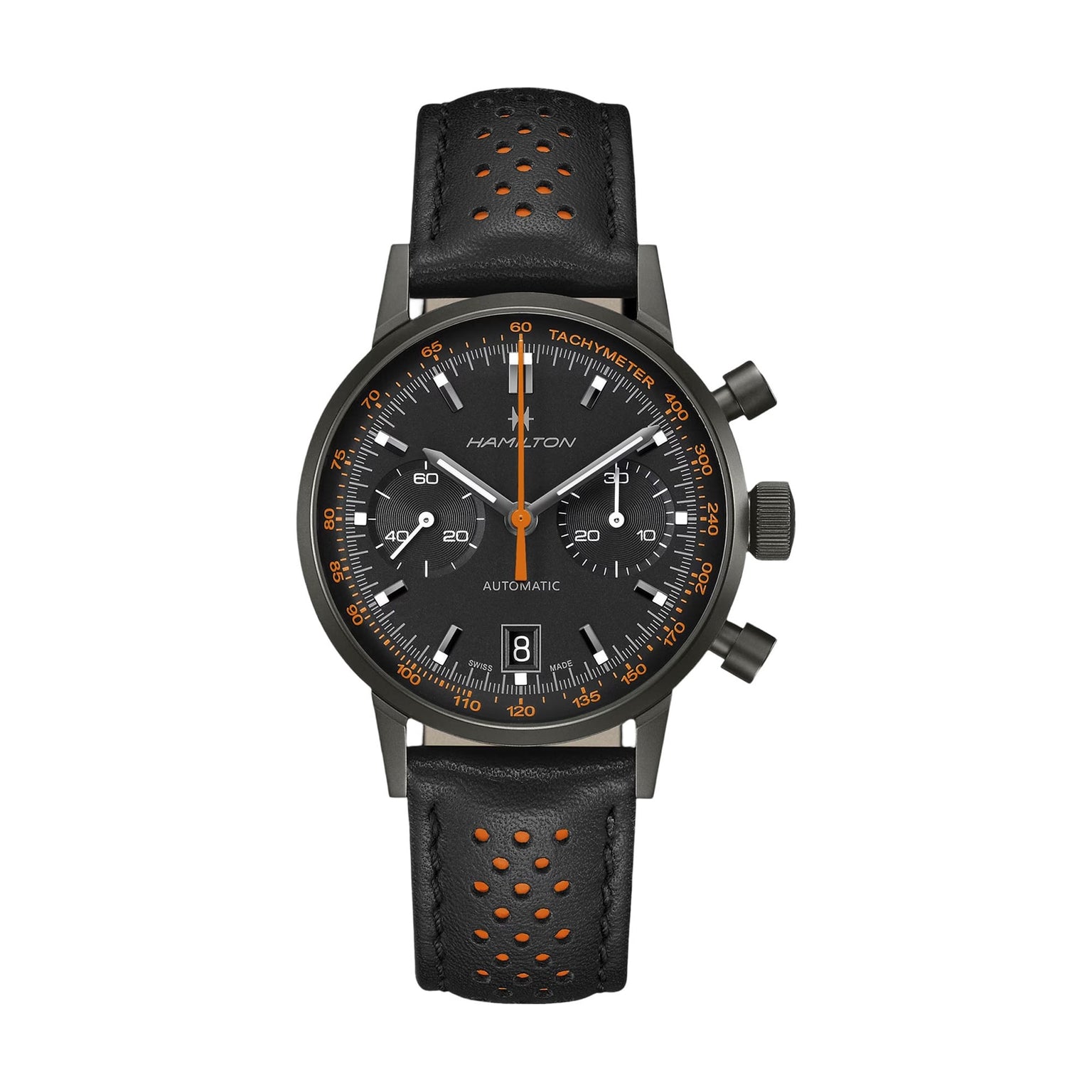 Hamilton American Classic Intra-Matic Auto Chrono chronograph watch featuring orange accents and a black perforated leather strap.