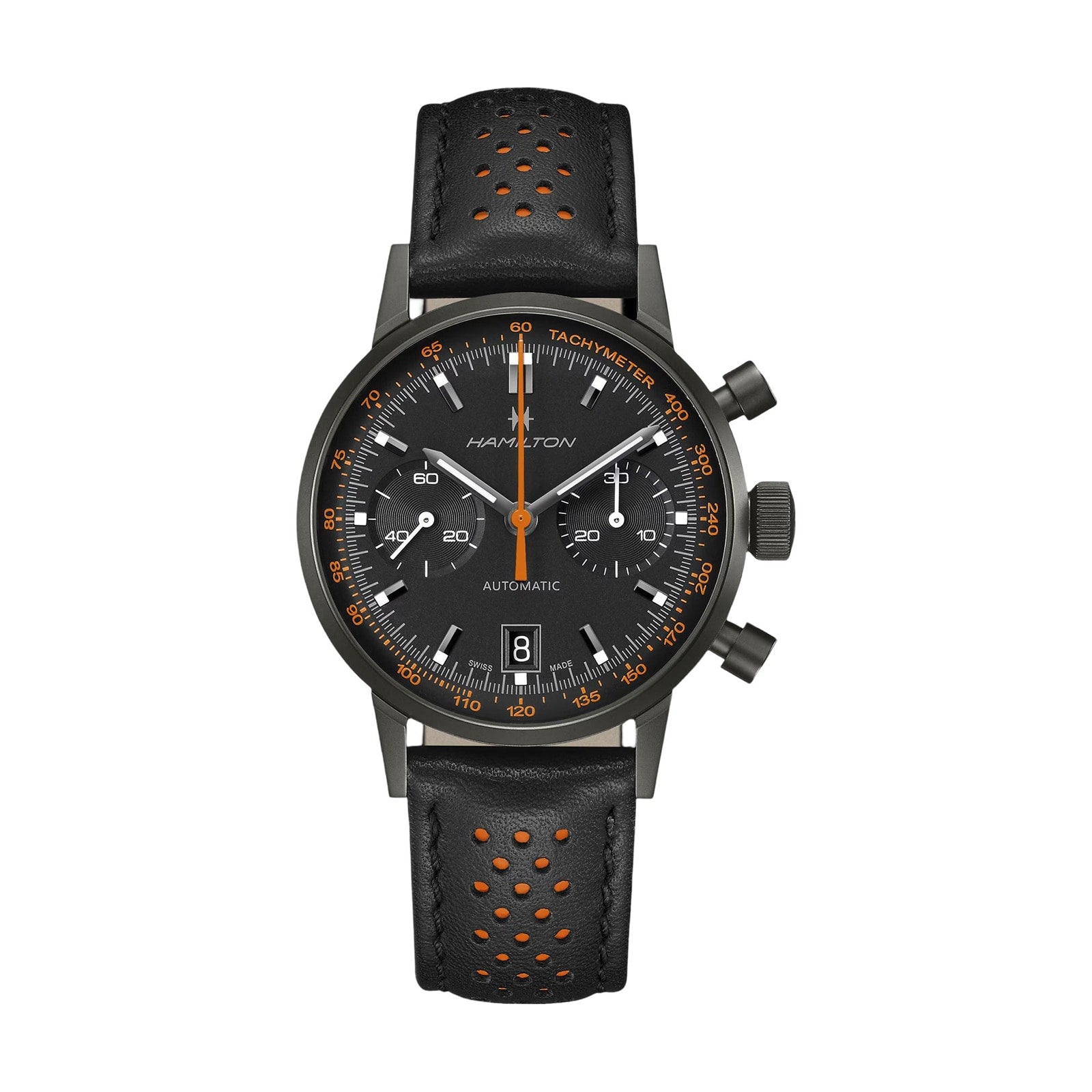 Hamilton American Classic Intra-Matic Auto Chrono chronograph watch featuring orange accents and a black perforated leather strap.