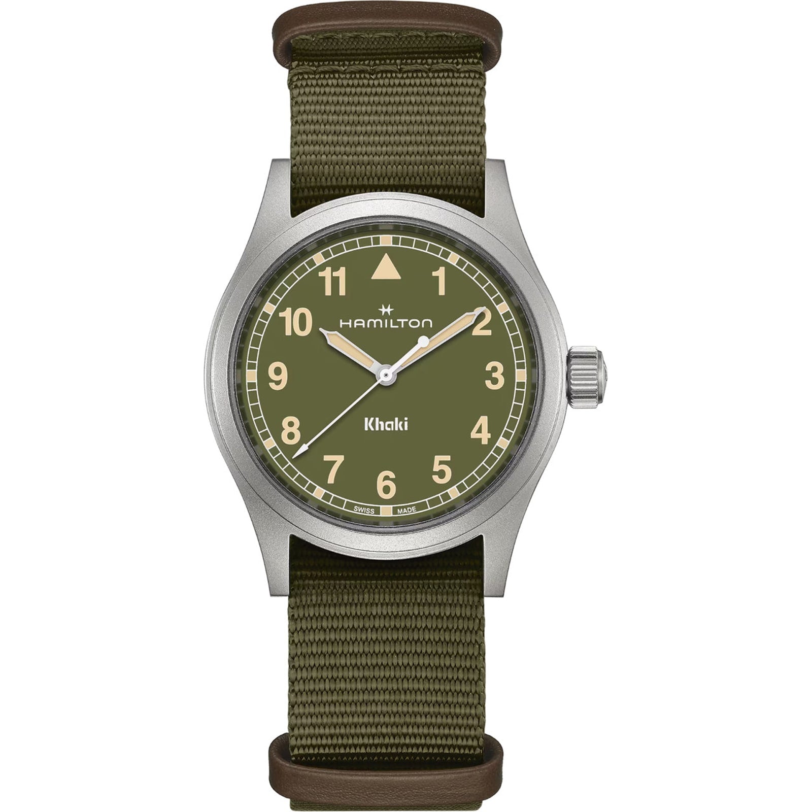 The Hamilton Khaki Field Quartz 38mm features an olive green dial with tan numerals and a green fabric strap.