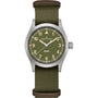 The Hamilton Khaki Field Quartz 38mm features an olive green dial with tan numerals and a green fabric strap.