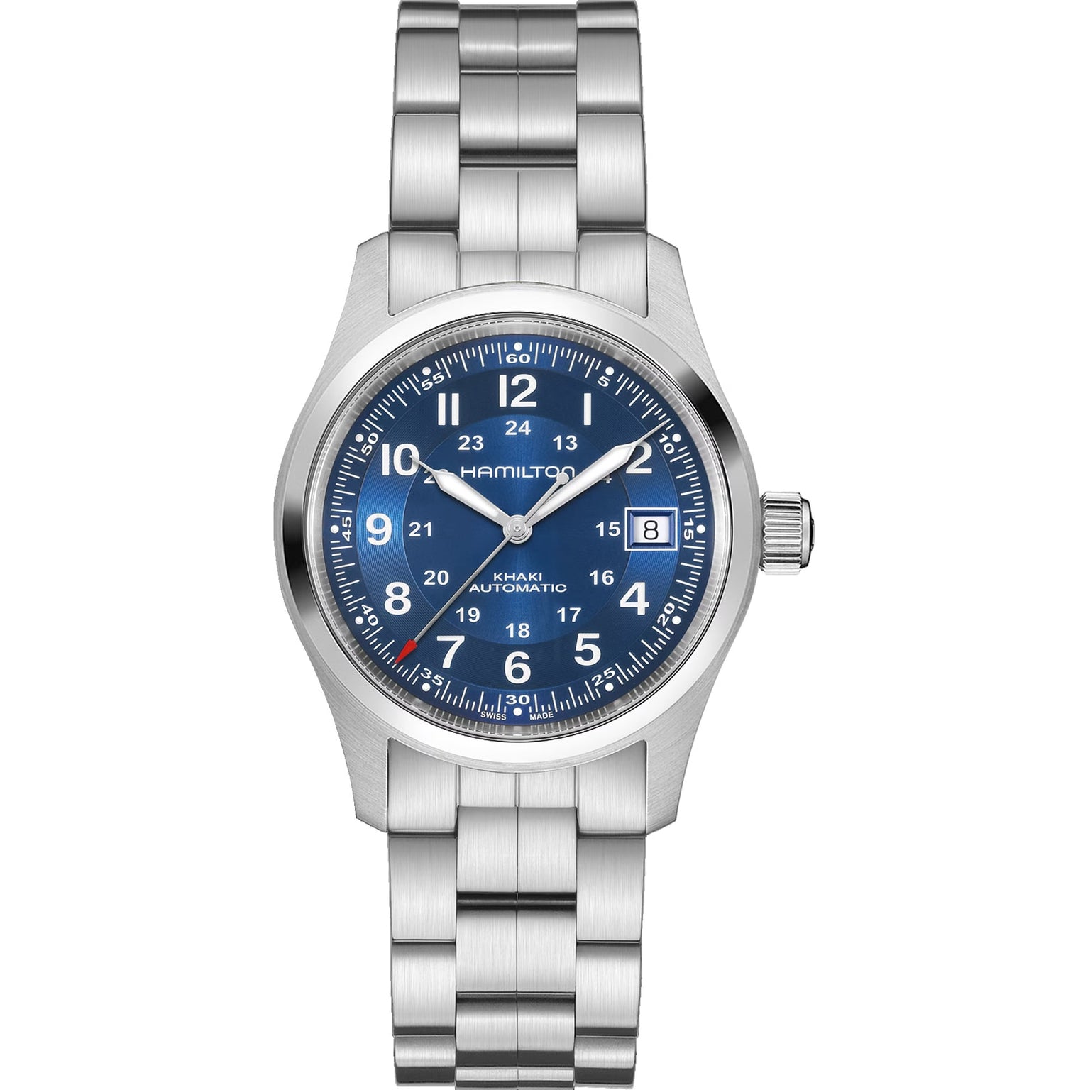 The Hamilton Khaki Field Auto 38mm features a blue dial, silver hour markers, and a metal link bracelet.