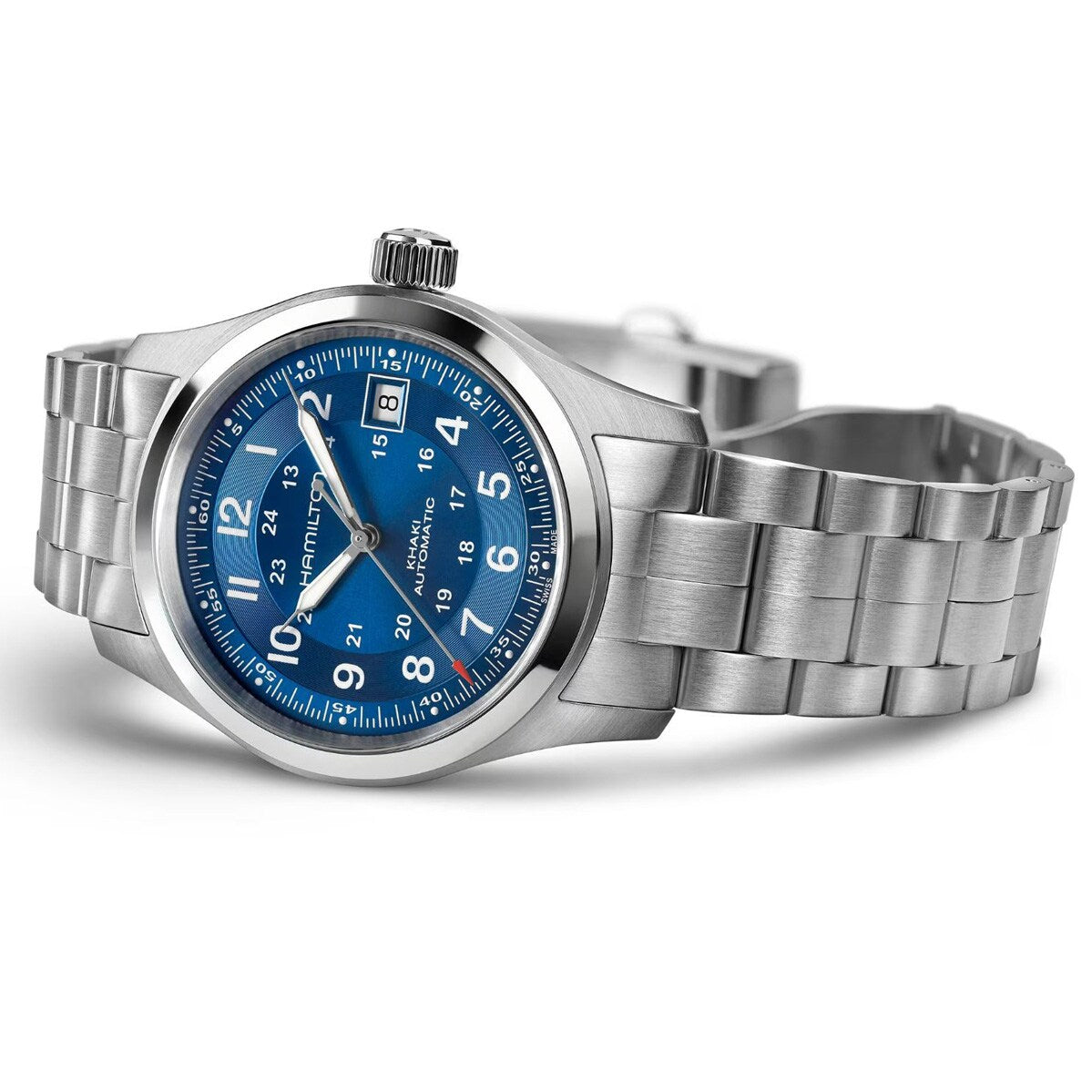 The Hamilton Khaki Field Auto 38mm wristwatch features a blue dial with white hour markers and a silver metal link band, pictured shown at an angle.