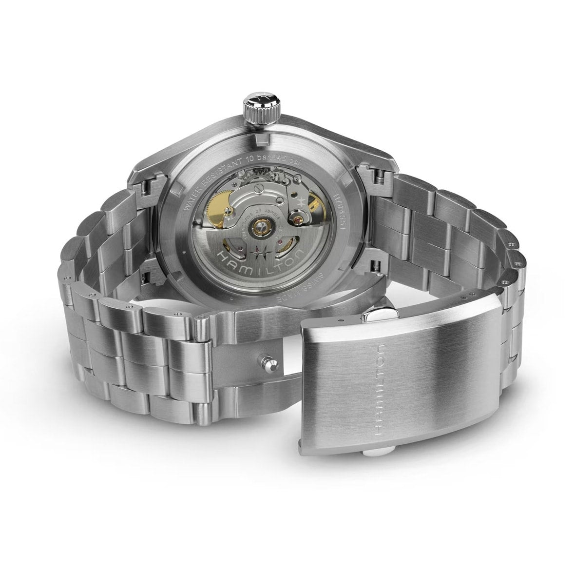 The back of a Hamilton Khaki Field Auto 38mm wristwatch with an open clasp, revealing its exposed automatic movement.