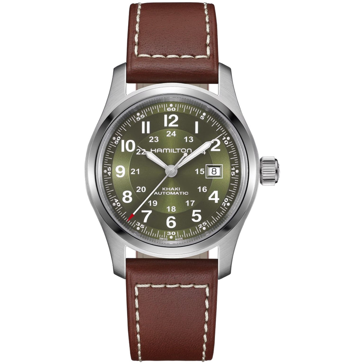 The Hamilton Khaki Field Auto 42mm features a green dial, brown leather strap, and a silver case.