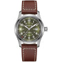 The Hamilton Khaki Field Auto 42mm features a green dial, brown leather strap, and a silver case.