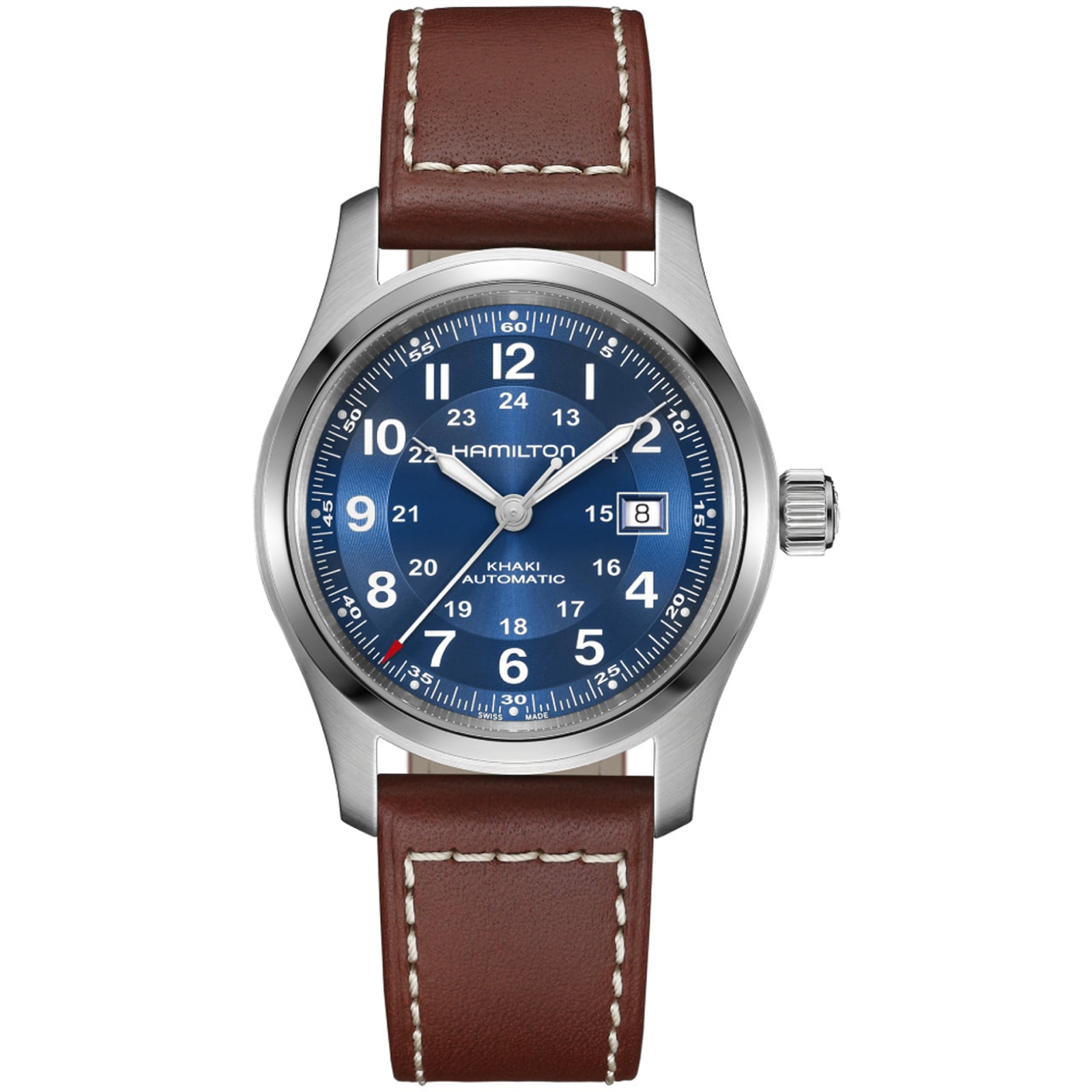 The Hamilton Khaki Field Auto 42mm features a blue dial with white numbers, a brown leather strap, and a silver case.