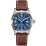 The Hamilton Khaki Field Auto 42mm features a blue dial with white numbers, a brown leather strap, and a silver case.