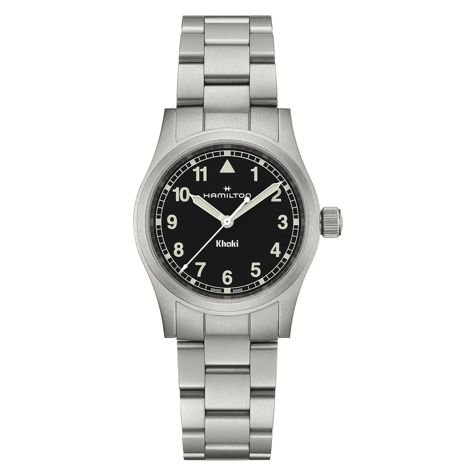 The Hamilton Khaki Field Quartz 33mm is a stainless steel wristwatch with a black dial, white numerals, and silver hands—a classic timepiece designed for adventure.