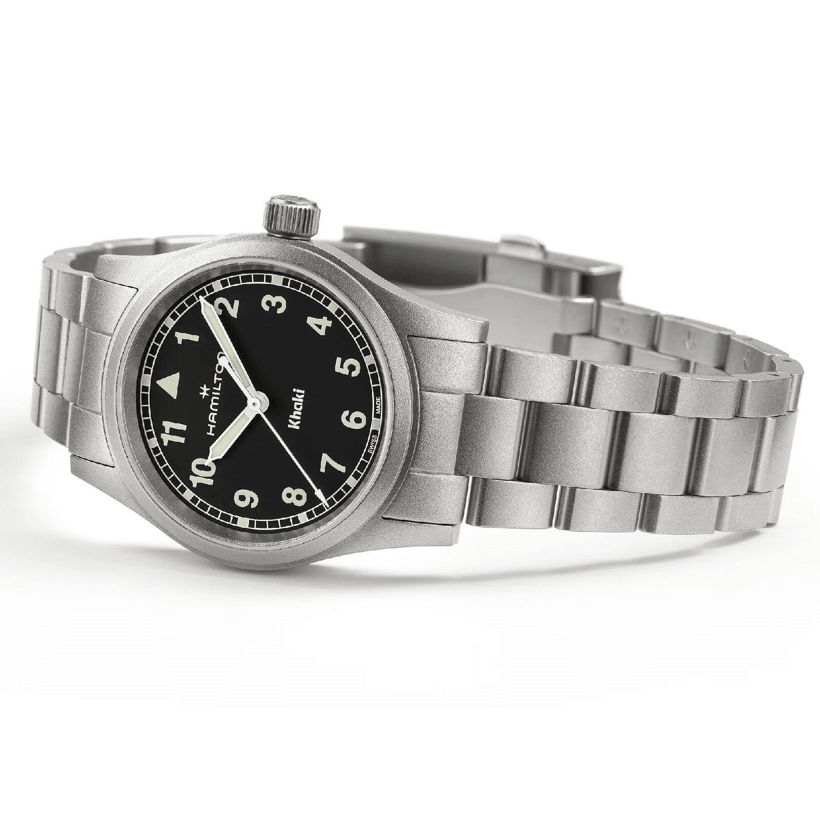 The Hamilton Khaki Field Quartz 33mm features a stainless steel case, black dial with white numerals, silver hands, and a metal link band with closed clasp—ideal for your next adventure.