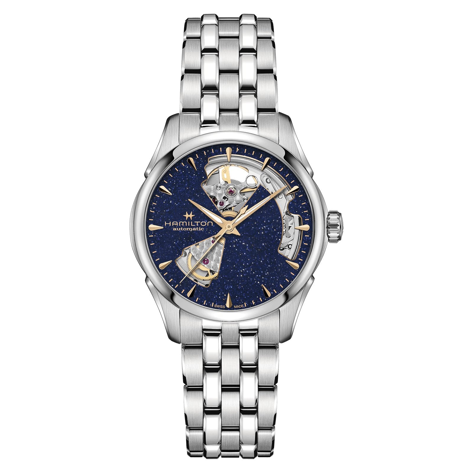 The Hamilton Jazzmaster Open Heart Lady Auto is a silver wristwatch with a blue dial, gold accents, automatic movement, visible internal mechanics, and a stainless steel bracelet.