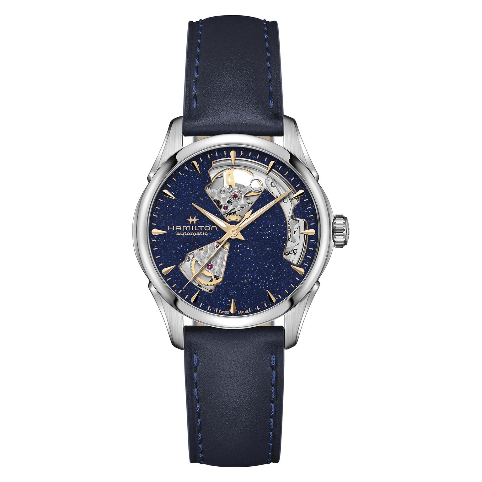 The Hamilton Jazzmaster Open Heart Lady Auto features an automatic movement, blue leather strap, partially open blue dial, and elegant silver and gold-tone accents.