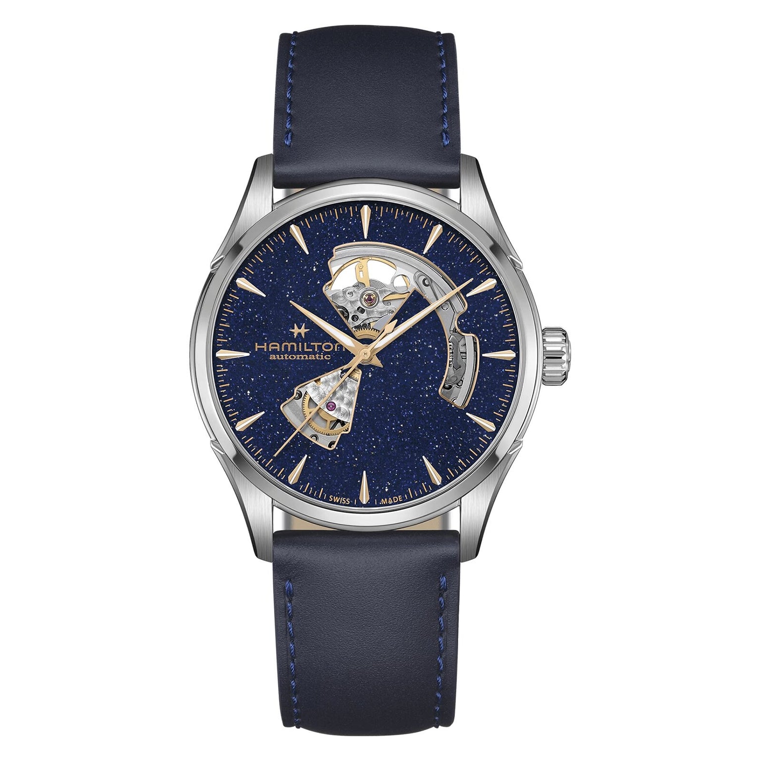 The Hamilton Jazzmaster Open Heart Auto 42mm features a partially open silver case, blue starry dial, gold hour markers, and a sleek blue leather strap—an automatic dress watch that stands out for its unique design.