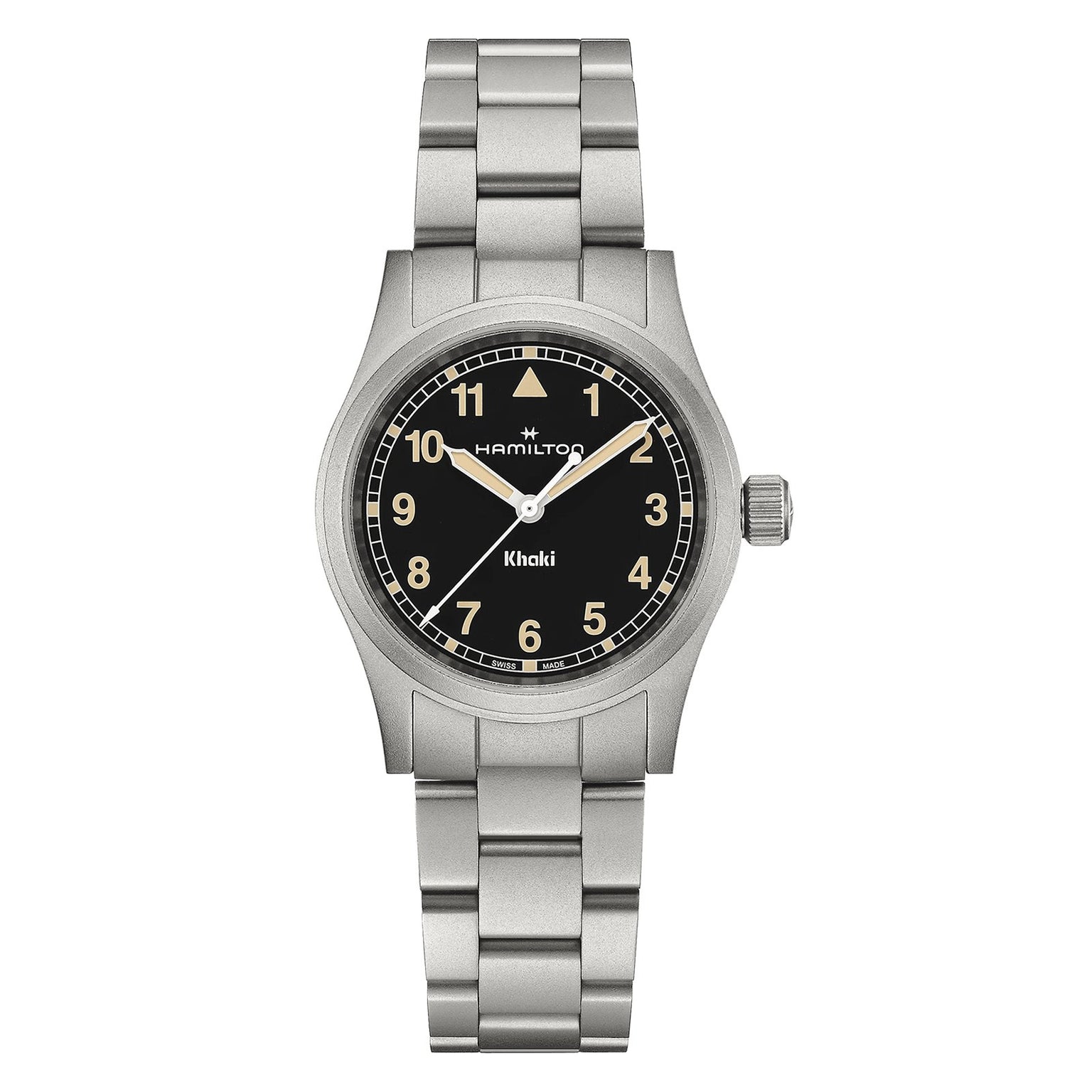 The Hamilton Khaki Field Quartz 33mm is a durable stainless steel watch with a black dial, white numerals, and metal bracelet—photographed from above, it’s ideal for adventure and exploration enthusiasts.